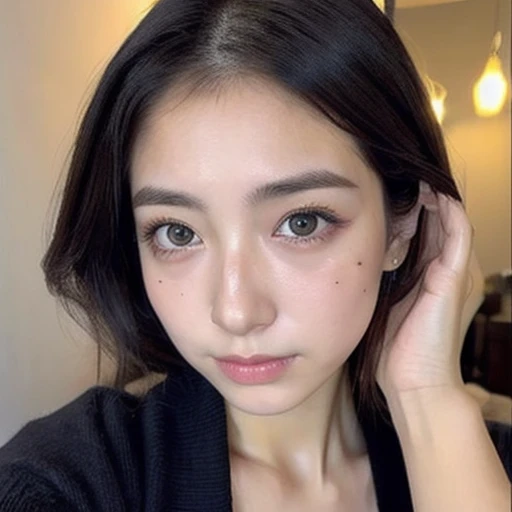 japanese woman、１８age、one&#39;s home、Selfie style、Upper body projection、Below average face、face with makeup、old face、Ugly、Ugly、dark look、Pitch black eyes、Rough skin