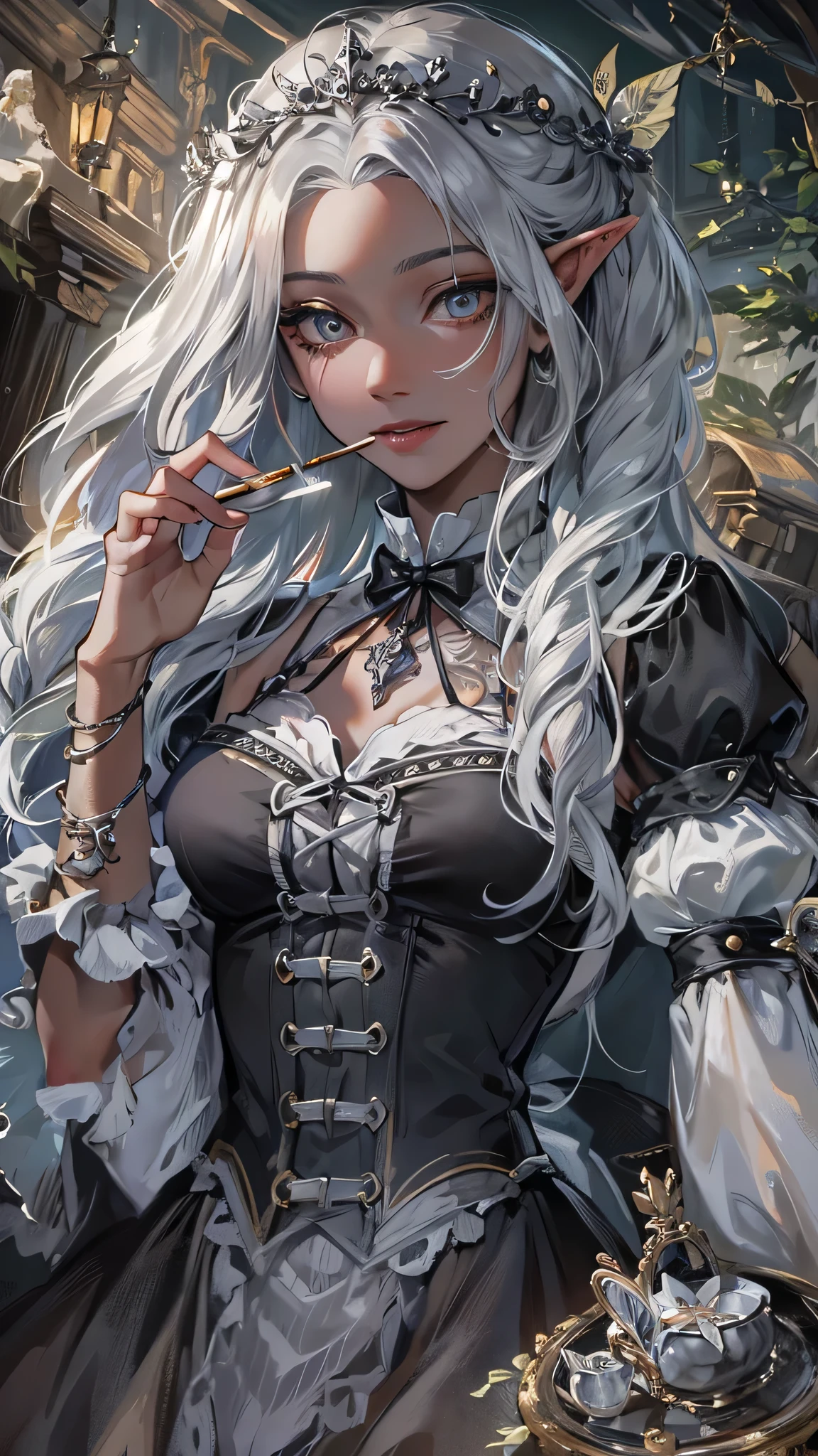 perfect anatomy, masterpiece:1.3, best quality, 8k, beautiful detailed grow, daydreaming expression, break, ((Smoking a cigarette, cigarette in mouth)) ((Cornrow Hair Short Dreadlocks)) (black skin elf, silver hair long hair detailed maid elf woman, 1000 yo, cute silver eyes, lovely smile), break, ((in a Gothic maid uniform)), break, in the enchanted garden.