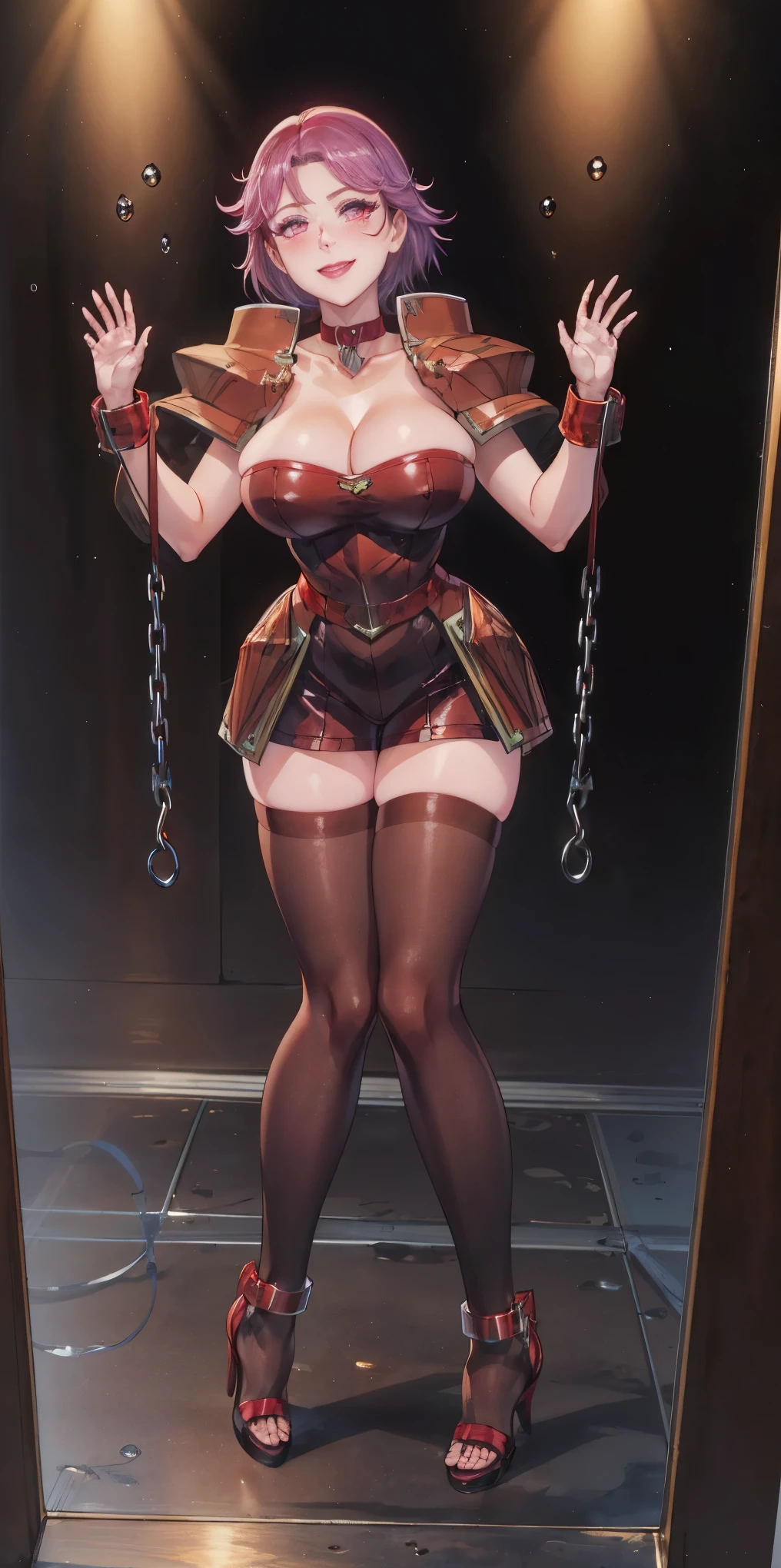 dark fantasy anime illustration of a (mature MILF BIMBO albino skin and short white hair), (FULL BODY) perfect face, wearing tight leather stealth armor, stalking, BIG KNOCKERS CLEAVAGE, lustful smirking smile red blush red cheeks, chain leash, kneeling, shackles, leather black collar slave, ((BLACK background)) hands on glass WITH KNOCKERS on glass, glass window fog water drop, 5 fingers each hand, metal handcuffs, black choker collar, thigh highs, long legs, metal ankle, metal sandals, metal shoulders, standing straight symmetrical against glass