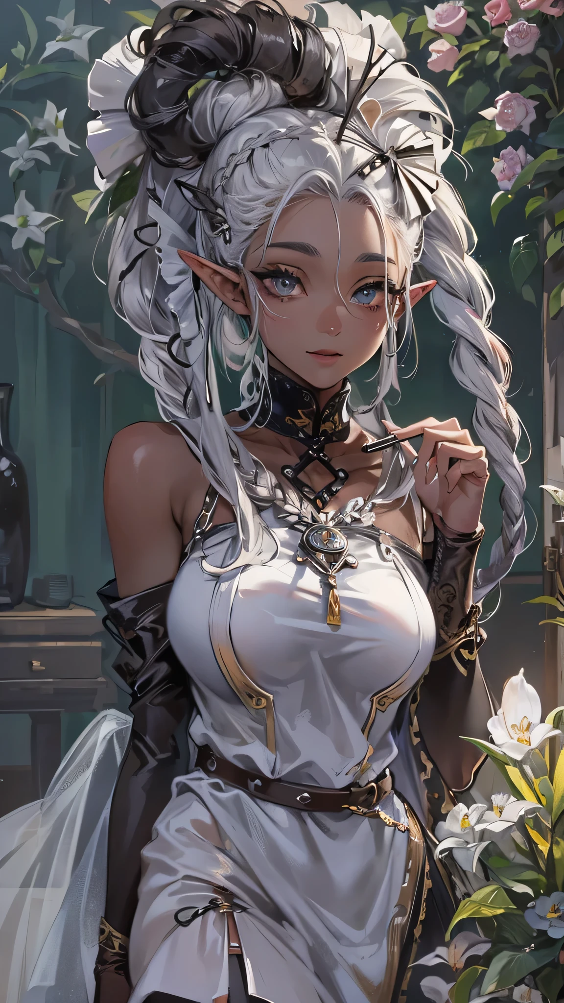 perfect anatomy, masterpiece:1.3, best quality, 8k, beautiful detailed grow, daydreaming expression, break, ((Smoking a cigarette, cigarette in mouth)) ((Cornrow Hair Short Dreadlocks)) (black skin elf, silver hair long hair detailed maid elf woman, 1000 yo, cute silver eyes, lovely smile), break, ((in a Gothic maid uniform)), break, in the enchanted garden.