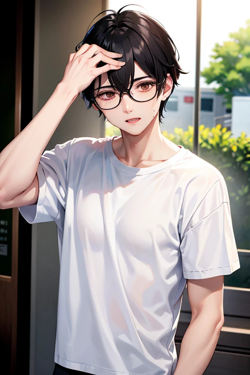 teenage boy, black hair, glasses, shirt, pants, daylight, lake, mist, lonely, reflection, tear streaming, panorama, ray tracking, glare, chiaroscuro, cinematic lighting, depth of field, masterpiece, best quality, high detail, highres, ccurate, Surface finish, high quality, UHD, HD