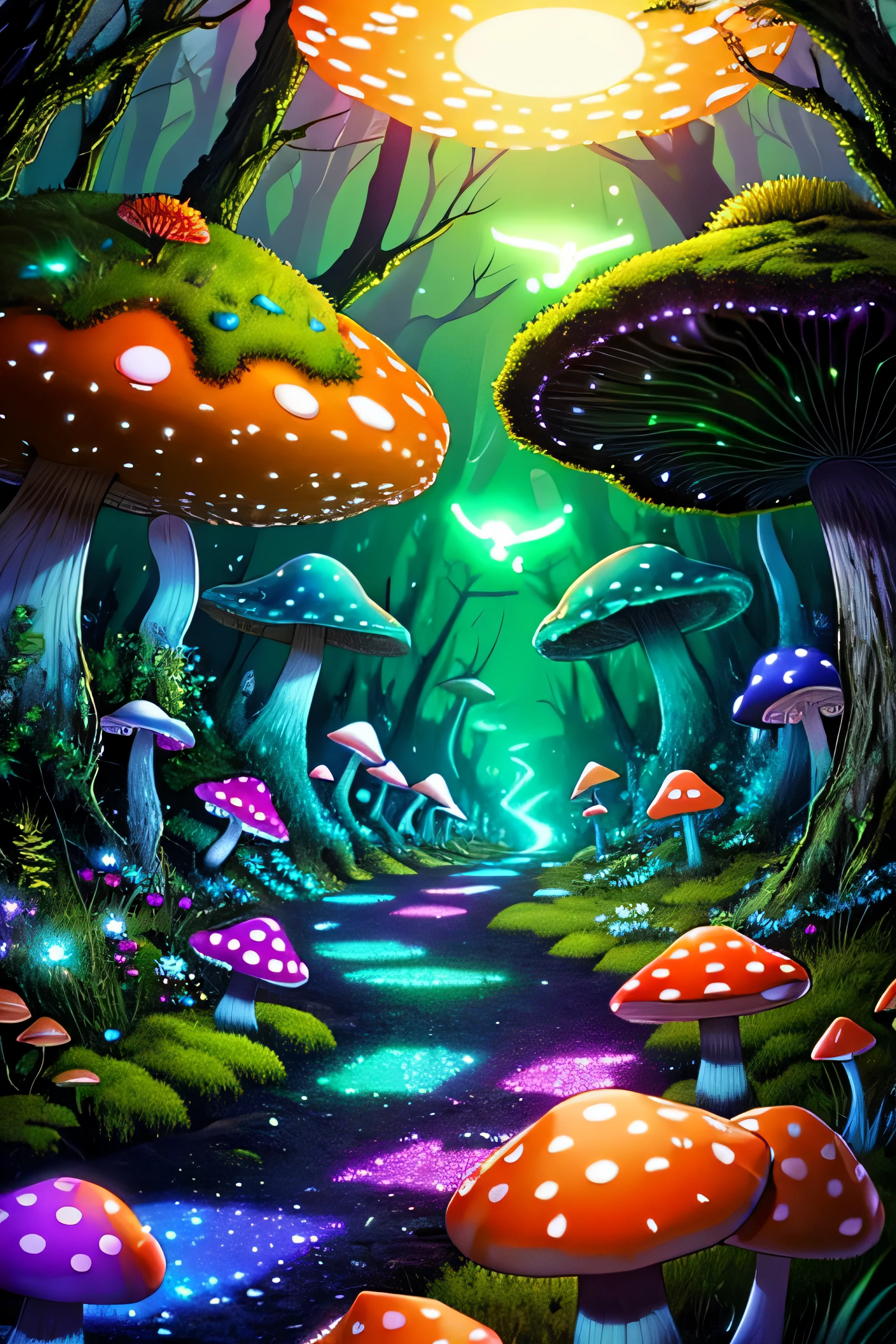 (very detailed:1.2),(highest quality:1.2),8K,sharp focus, (Scattered under the surface:1.1)、forest road、(forest roadが長く続いている)、 (Glowing magical bioluminescent mushrooms:1.2),psychedelic magic particles in the air, (neon bioluminescent mushroom forest at night:1.2), (magic firefly:1.2) (Very detailed trees、rocks and moss:1.2), (very detailed background:1.3), roleplaying game, Eldon Ring Style, (fantasy:1.3),(surreal:1.1), (((night))), movie lighting, very detailed, art station,Smooth, sharp focus, types of bacteria, Greg Rutkoski, edited pick, trending on art station, trending on deviantart, Knock me out, (compared:0.4),