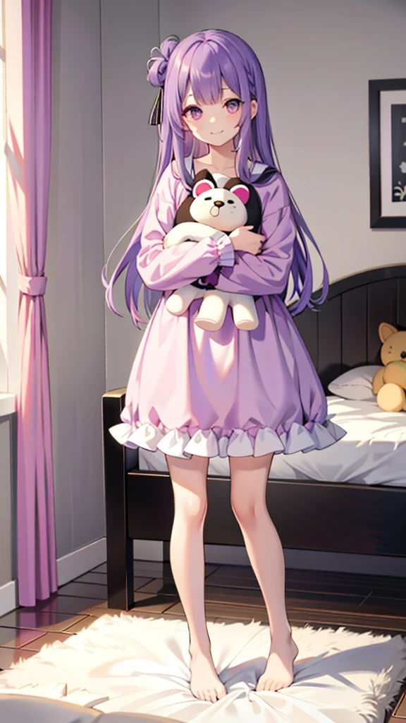 whole body,full body,Standing picture,standing position,Photographed from the front,from front,Girl holding a stuffed toy,purple hair,one piece,Room wear,cute,smile