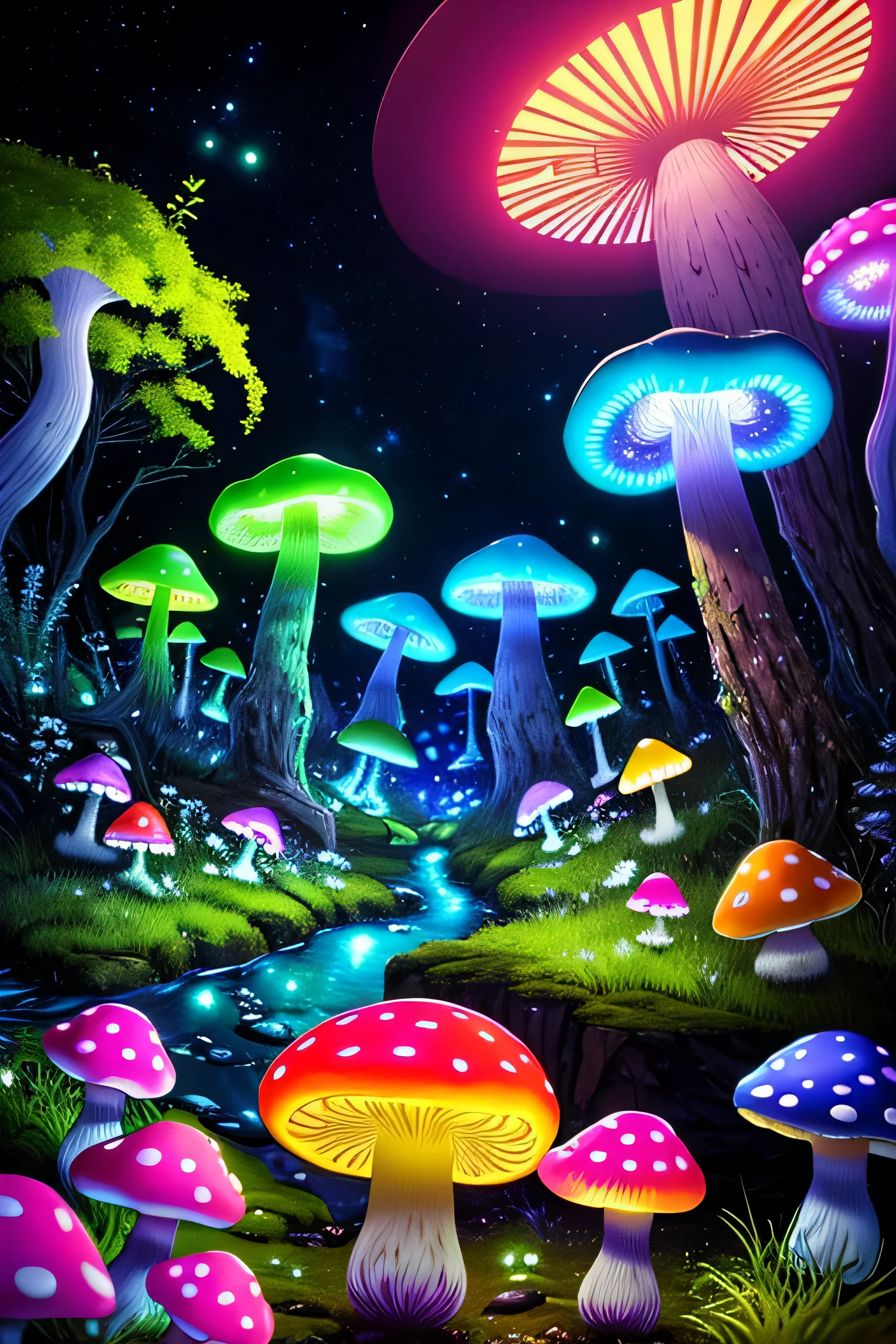 (very detailed:1.2),(highest quality:1.2),8K,sharp focus, (Scattered under the surface:1.1)、forest road、(forest roadが長く続いている)、(Glowing magical bioluminescent mushrooms:1.2),psychedelic magic particles in the air, (neon bioluminescent mushroom forest at night:1.2), (magic firefly:1.2) (Very detailed trees、rocks and moss:1.2), (very detailed background:1.3), roleplaying game, Eldon Ring Style, (fantasy:1.3),(surreal:1.1), (((night))), movie lighting, very detailed, art station,Smooth, sharp focus, types of bacteria, Greg Rutkoski, edited pick, trending on art station, trending on deviantart, Knock me out, (compared:0.4),