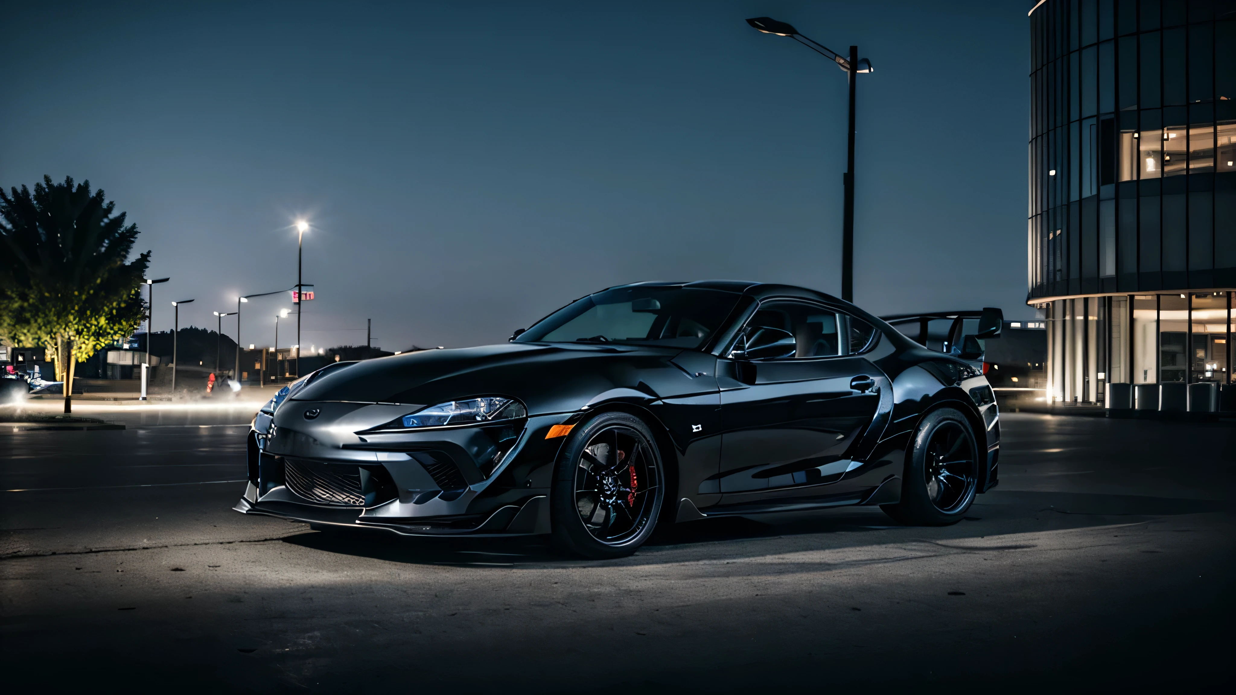 (best quality, realistic, very detailed) black Sport Toyota supra mk4 with no plate number, cinematic view at night time