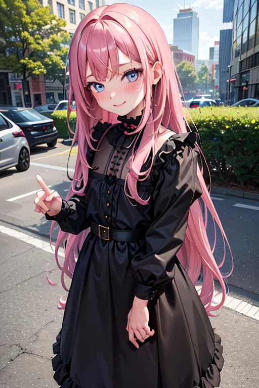 (best quality:1.1), (masterpiece:1.4), (absurdres:1.0),
1girl, long_hair, very long hair, pink hair, (flat chest), blue eyes, black dress, looking at viewer, outdoors, (blush:1.2), city, smile, young, slutty dress, nice hips, short, (9 girl),