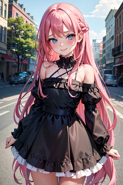(best quality:1.1), (masterpiece:1.4), (absurdres:1.0),  
1girl, long_hair, very long hair, pink hair, (flat chest), blue eyes, black dress, looking at viewer, outdoors, (blush:1.2), city, smile, young, slutty dress, nice hips, short, (9 year old girl),
