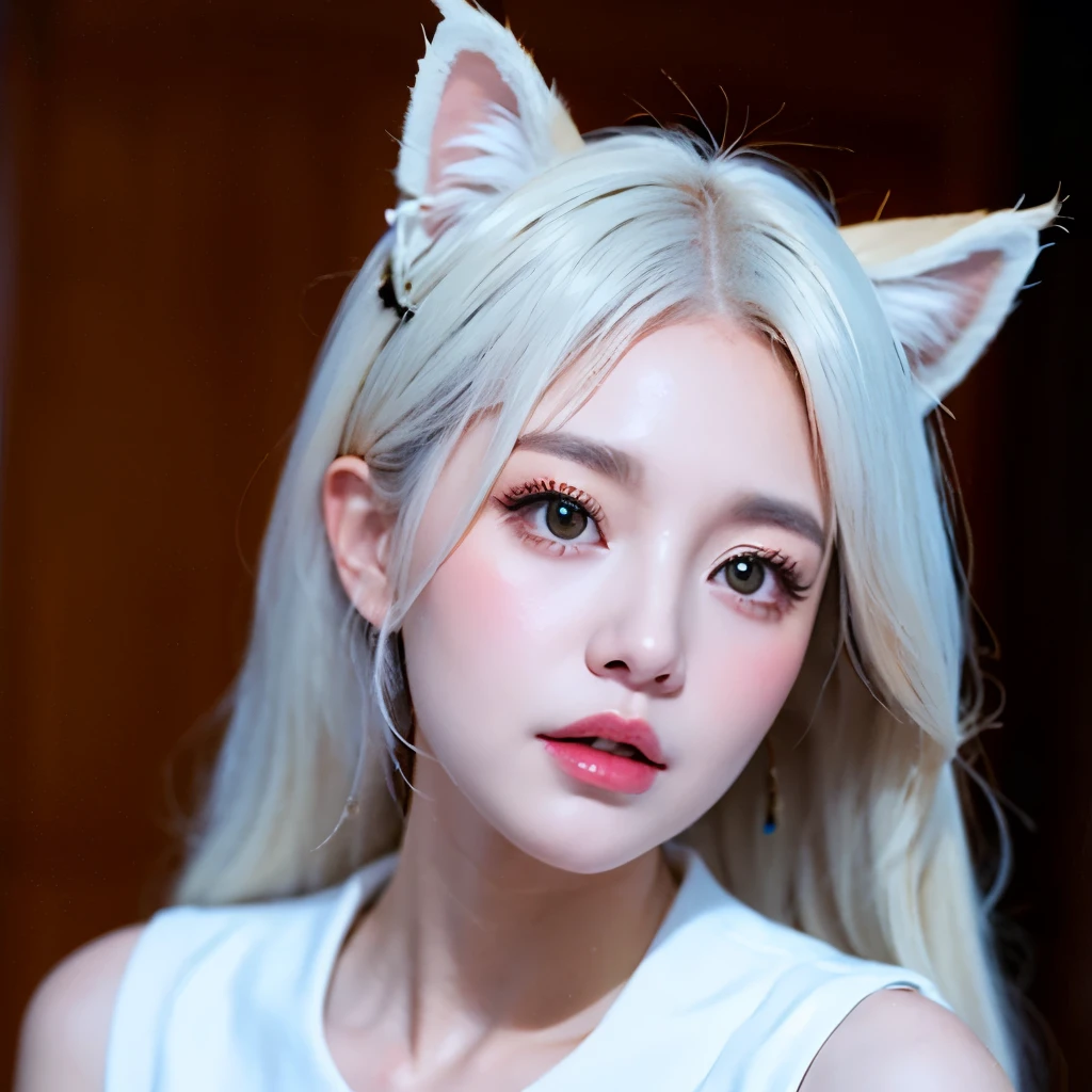 (masterpiece, best quality:1.2), Emoticon packages,red eyes，white hair，fox ears，pitiful，blush，looking down