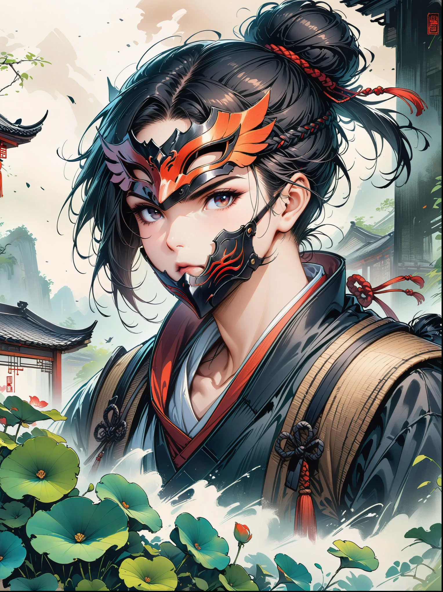 Scarlet concept art，Wearing a ninja costume with a black and red mask，Black hair combed into a bun，Bangs cover half of the face，The mask covers the mouth，Only the chin is covered，Wearing a black eye mask around the neck，portrait from waist up，stand on the wall，The back is a samurai sword，Artstation style numbers， dynamic poses，Chinese ink style，film lighting，(masterpiece, ccurate, anatomically correct, high details, best quality, 8k)