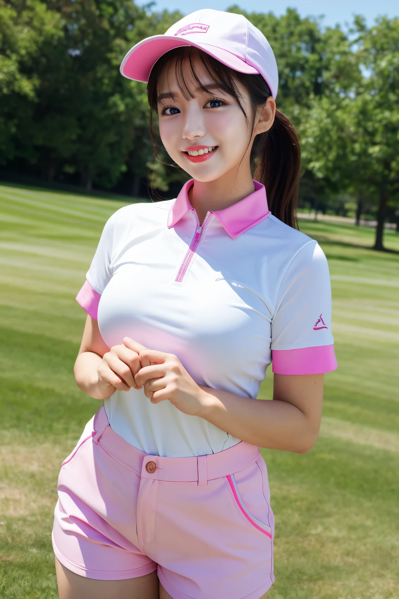 (highest quality、masterpiece、8K、best image quality、Award-winning work)、(1 female:1.1)、(alone:1.1)、(perfect stylish golf wear:1.2)、(white and pink gradation golf wear:1.2)、(shorts:1.1)、 (golf cap:1.1)、(perfect long ponytail:1.1)、(very big breasts:1.2)、(emphasize body line:1.1)、(Standing gracefully:1.1)、(accurate anatomy:1.1)、the best smile when you look at me、The most natural and perfect golf course、clear beautiful sky、beautiful thunder clouds、beautiful real lawn、(very bright and vivid:1.3)、(bright and glowing skin:1.2)、(Strongly blurred background:1.1)、upper body photo、very bright、perfect makeup、long eyelashes、bright lipstick、glossy lips、Ultra high definition glossy skin、(Ultra-high definition bright and beautiful skin:1.4)、超高精細のglossy lips、Super high definition beautiful teeth