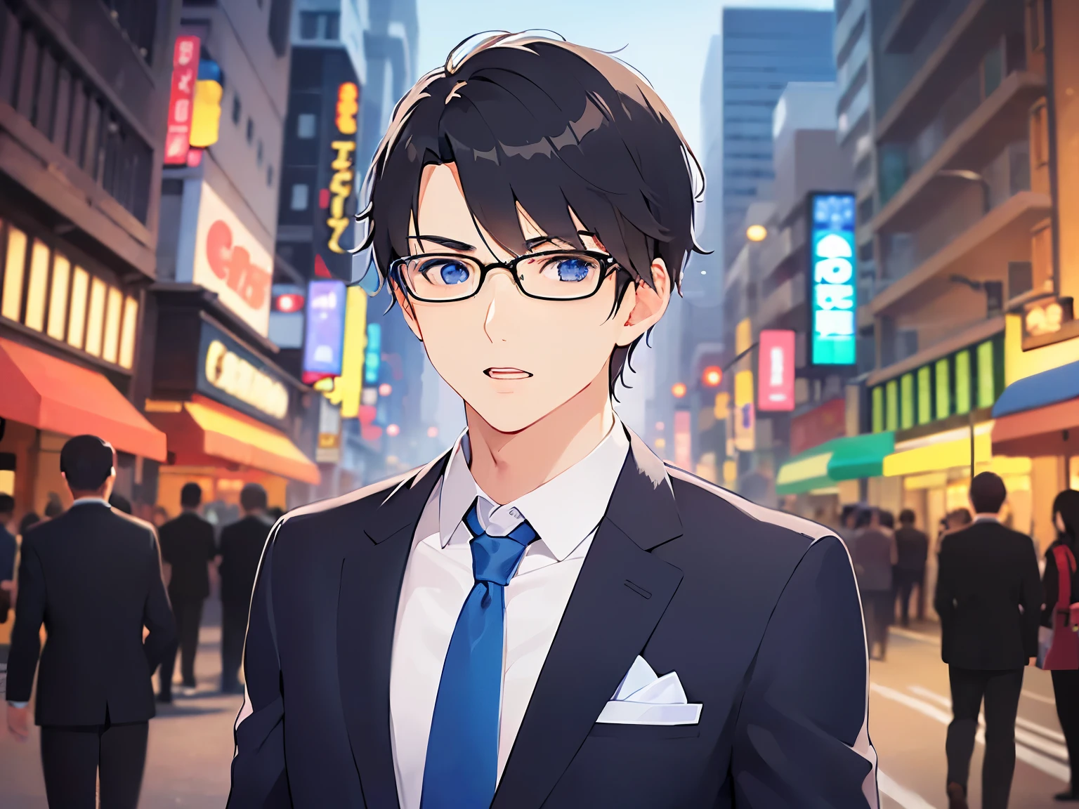 waving hand, Biologically correct five fingers、Upper body is shown、 plastic frame eyewear、masterpiece、highest quality、(25 year old male:1.5) and (black short hair) and (hair over eyes:1.5) and (blue eyes), (wearing a suit:1.5)、wearing a white shirt、Wearing a blue tie、Are standing、(confused look:1.3)、open mouth, The background is a shopping street at night、(Alone:1.5)