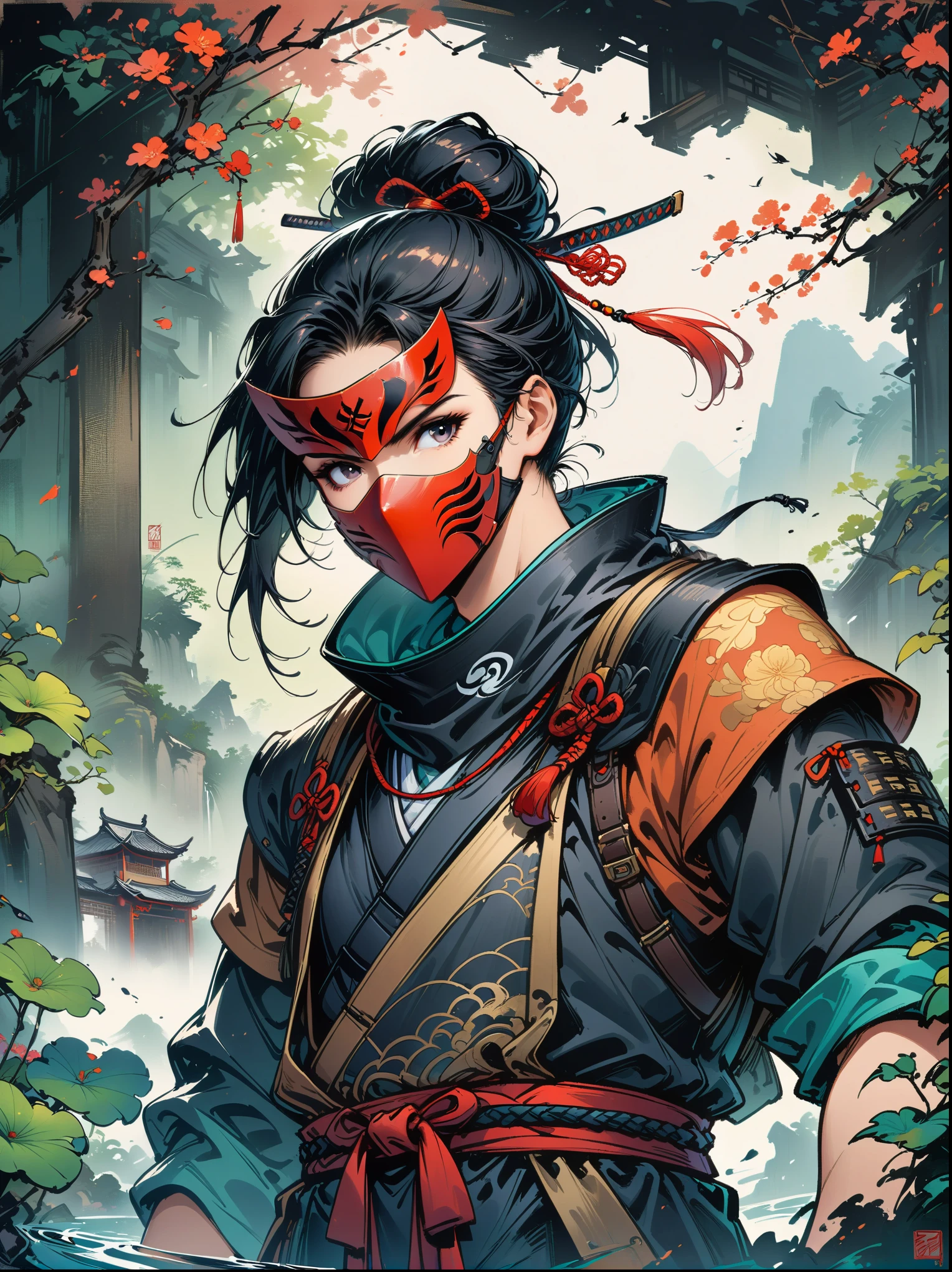 Scarlet concept art，Wearing a ninja costume with a black and red mask，Black hair combed into a bun，Bangs cover half of the face，The mask covers the mouth，Only the chin is covered，Wearing a black eye mask around the neck，portrait from waist up，stand on the wall，The back is a samurai sword，Artstation style numbers， dynamic poses，Chinese ink style，film lighting，(masterpiece, ccurate, anatomically correct, high details, best quality, 8k)