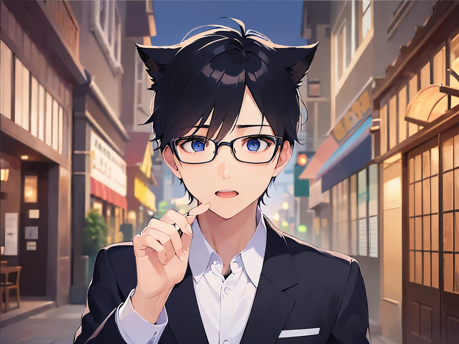 waving hand, Biologically correct five fingers、Upper body is shown、 plastic frame eyewear、masterpiece、highest quality、(25 year old male:1.5) and (black short hair) and (hair over eyes:1.5) and (blue eyes), (wearing a suit:1.5)、wearing a white shirt、Wearing a blue tie、Are standing、(confused look:1.3)、open mouth, The background is a shopping street at night、(Alone:1.5)