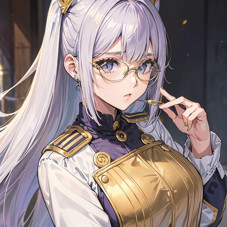 ( bonita 2d) (cabelo longo e branco) (she wears gold glasses) (ela usa um uniforme militar roxo) (foco no rosto) (corajosa) (tem olhos vermelhos e azuis)