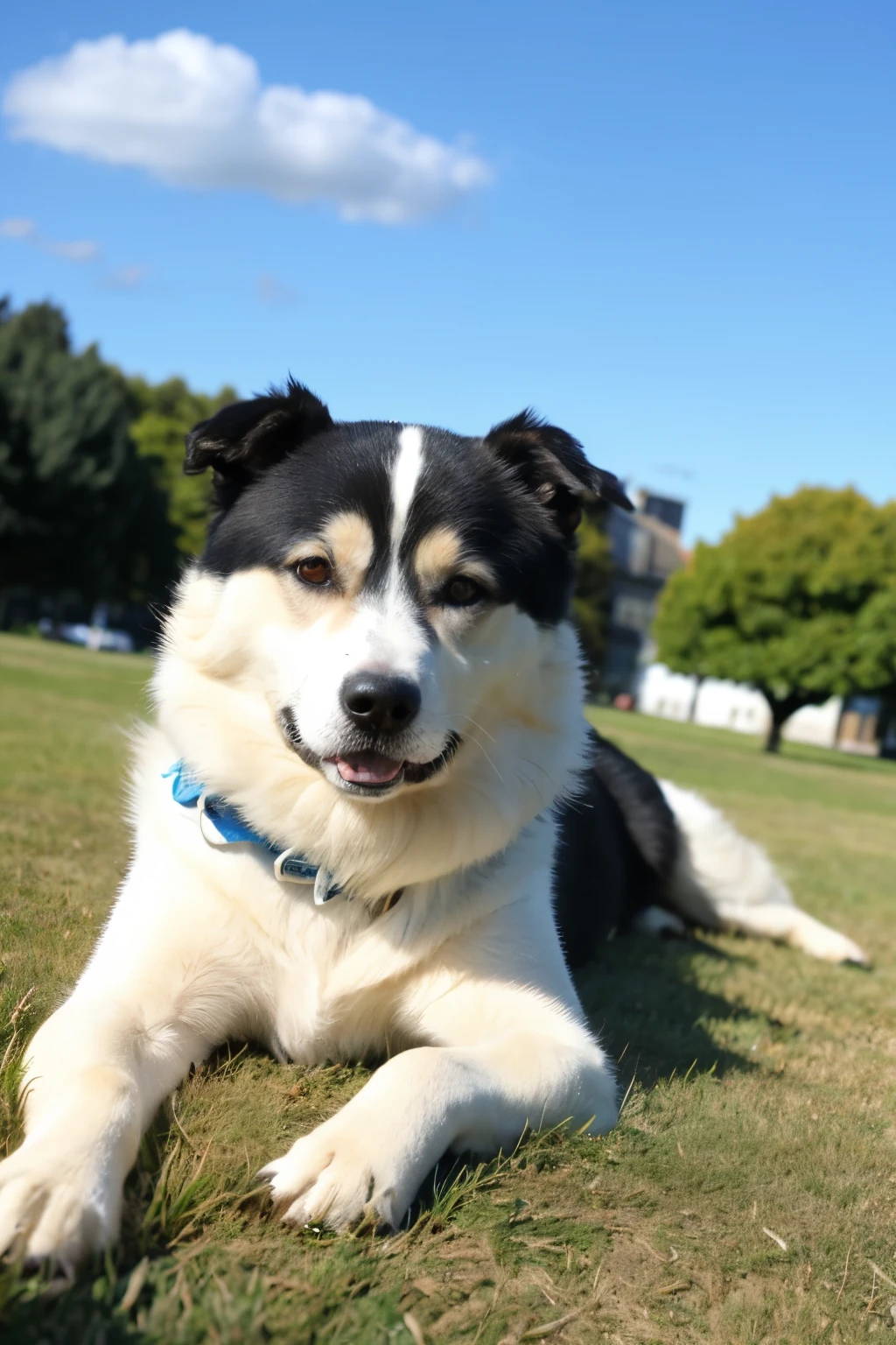 ((highest quality)), ((masterpiece)), (be familiar with), perfect face,Akita dog,Brown,white,blue sky,grass,lying down,looks happy