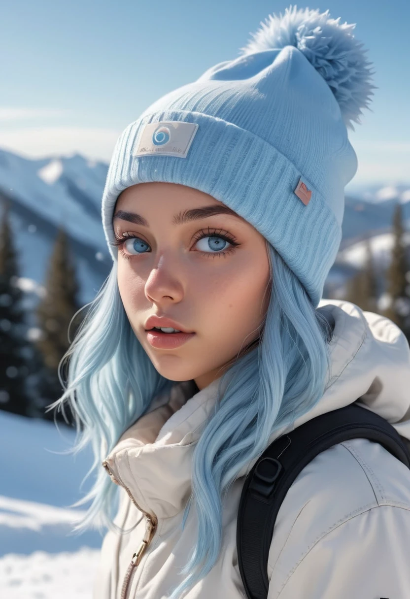 (masterpiece, best quality, photorealistic, Instagram photo,1 girl, Nia Johnson, sexy girl, beautiful girl, young lady, solo, Realism, natural light, ray tracing, Subsurface scattering, high-resolution, realistic style, 8k , official art, aesthetic, high contrast, extreme detailed background, soothing tones, realistic, beautiful light blue eyes, (determined face), perfect face, detailed face, detailed hair, shiny skin, perfect skin, 20 years old:1.2), blush,(opening clothes:1.3), Thick long light blue hair, cute toque, (wide shot:1.5),(breast,cleavage:1.1), (Sports theme:1.5),((snowboarding), ((blowing kiss)), (wearing white_light_blue_winter_outfit:1.3),1girl,Breasts