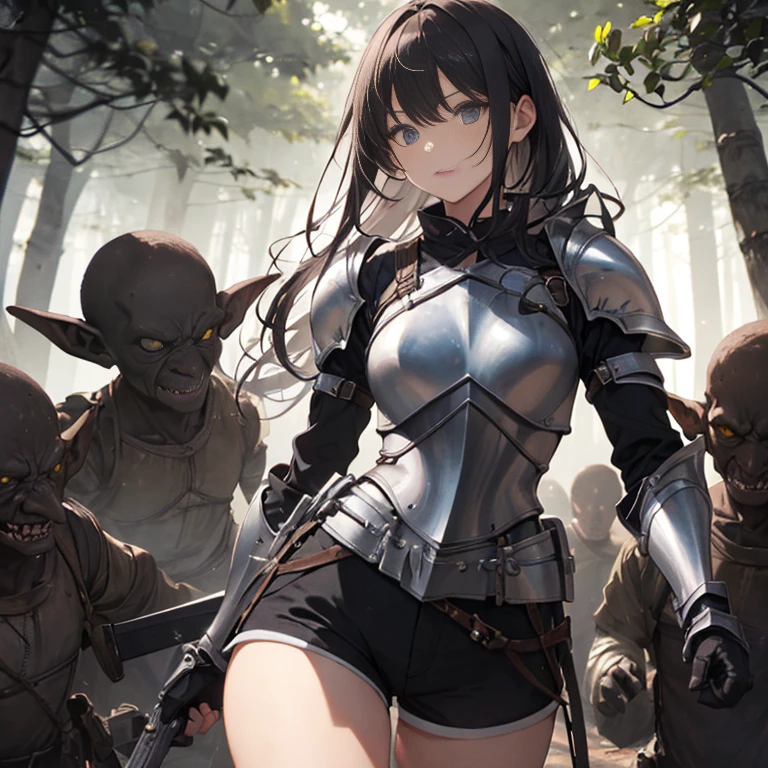 A female knight, (in forest), wearing armored clothes, metal armor, night, details face, , shorts, surrounded by goblins, various weapons
