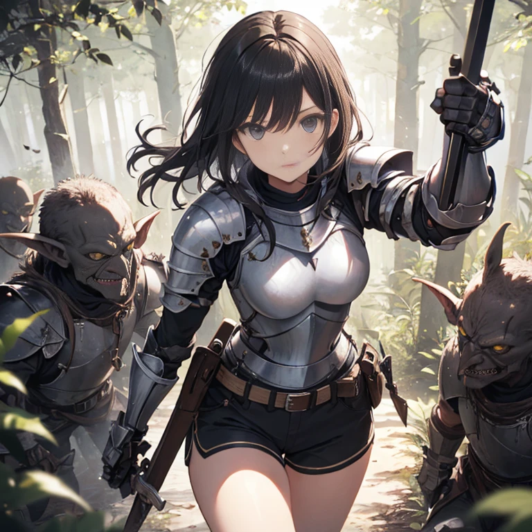 A female knight, (in forest), wearing armored clothes, metal armor, night, details face, , shorts, surrounded by goblins, various weapons
