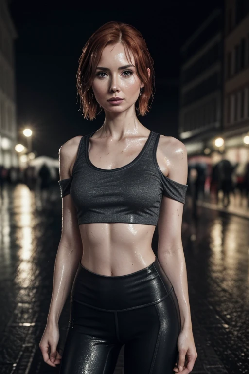âA close-up shot of Karen Gillan, short hair, skinny body, narrow waist, (abs:0.7), in public at a German City ((at night in the pouring rain)) with spandex leggings and crop top (smokey dark eyes and lipstick ) with a pensive expression, wearing a dark, off-the-shoulder dress and a single, statement piece of jewelry, The background should be out of focus and feature soft, warm tonesâ (soaking wet) (wet hair, wet body, wet clothes)