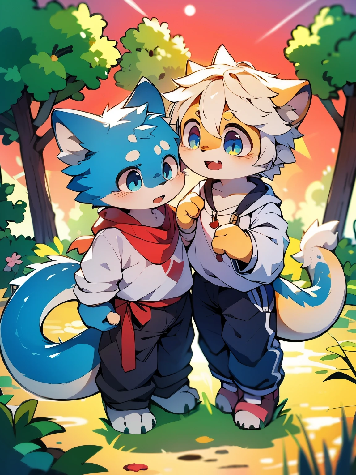 Light orange fur,white hair,orange dragon tail,There is white fluff at the end of the tail,white sweatshirt,hairy,God of Art Super Top Quality, super detailed, High resolution, Anime cute art style, The best anime, 8K, Kona sauce wallpaper, Pixiv Contest Winners, perfect anatomy,Blushing face , (Energetic teenager, 13 years old:1.3), High resolution详细的头发,white wide-leg pants,on the street,blue sky,Sunset,The iris and pupil are well proportioned,blue pupils,blue ears,single
