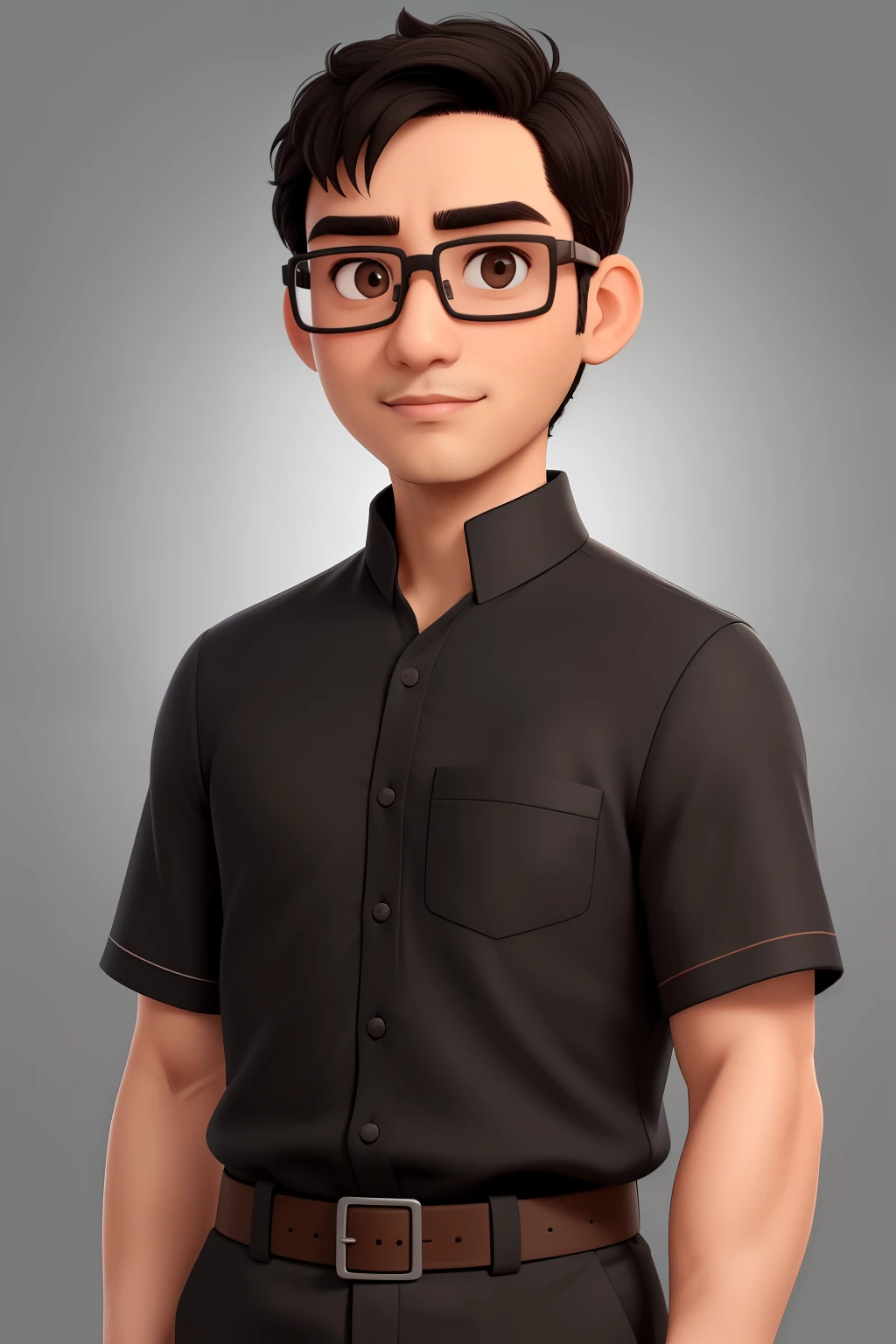 A man of 39 years old, with short black hair, square face, strict look, and dark brown eyes, wearing Baju Melayu and glasses.