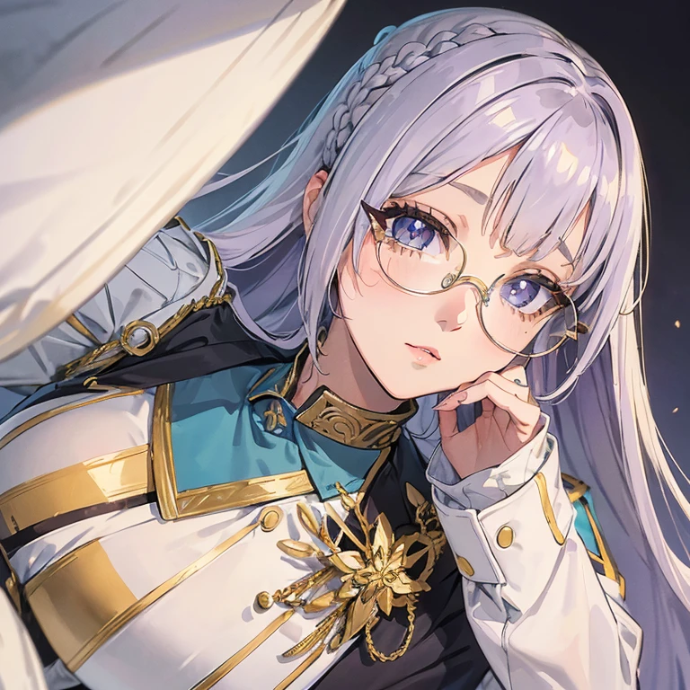 (Menina bonita 2d) (cabelo longo e branco) (she wears gold glasses) (ela usa um uniforme militar roxo) (foco no rosto) (corajosa) (tem olhos vermelhos e azuis)