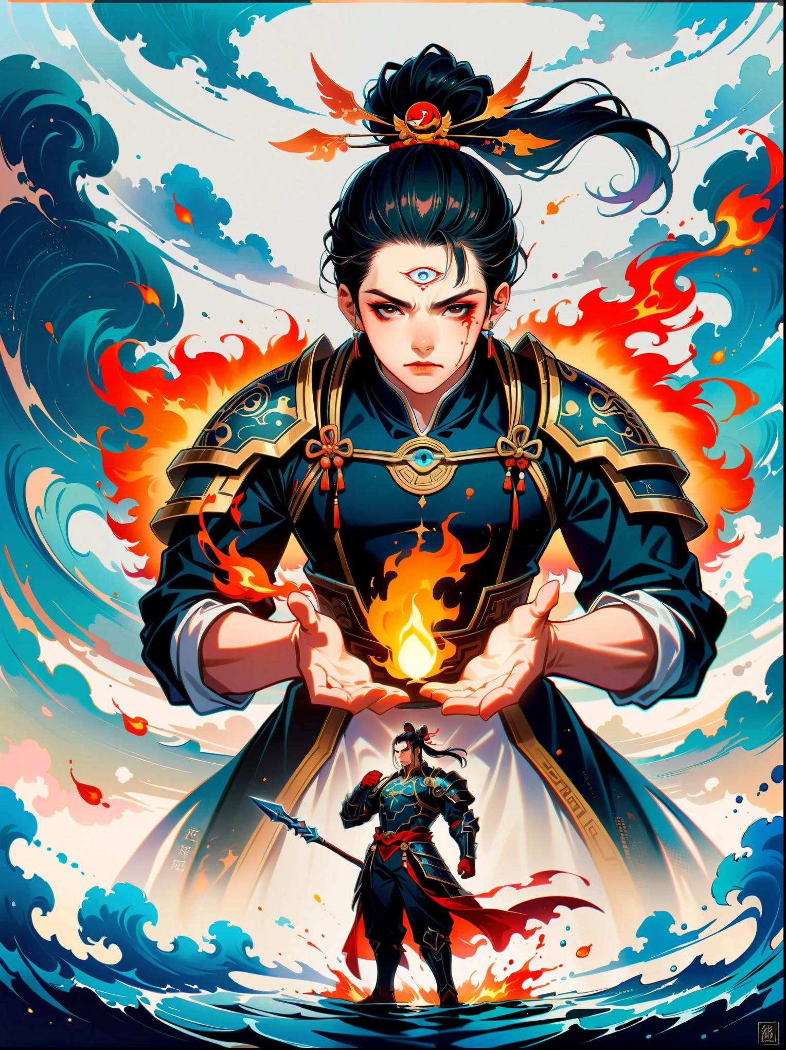 1 boy，Blood stained all over his face，anger，holding a spear，（fly），Chinese mythology，cloudy day，Meticulous skies，Abstract background，（Flame Surge Style：0.5），demonic third eye，hair scrunchie，with ponytail，wearing armor，Strong body，tall and big，Spear in hand，The body is suspended in the airst-person view, masterpiece, ccurate, anatomically correct, high details, best quality, 8k)