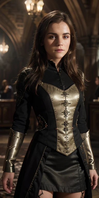 hyper realistic ultra detailed photograph of a beautiful emma watson wearing like harry potter style inside hogwarts castle, tattered outfit with rusty metal armor plates, long wild hair, tattooed hands and body, fashion pose, detailed symmetric beautiful hazel eyes, detailed gorgeous face, apocalyptic environment, exquisite detail, 30-megapixel, 4k, Canon EOS 5D Mark IV DSLR, 85mm lens, sharp focus, intricately detailed, long exposure time, f/8, ISO 100, shutter speed 1/125, diffuse back lighting, award winning photograph, facing camera, looking into camera, monovisions, perfect contrast, High sharpness, facial symmetry, depth of field, ultra-detailed photography, raytraced, global illumination, TanvirTamim, smooth, ultra high definition, 8k, unreal engine 5, ultra sharp focus, award-winning photograph, trending on artstationress , bokeh colourful backgound