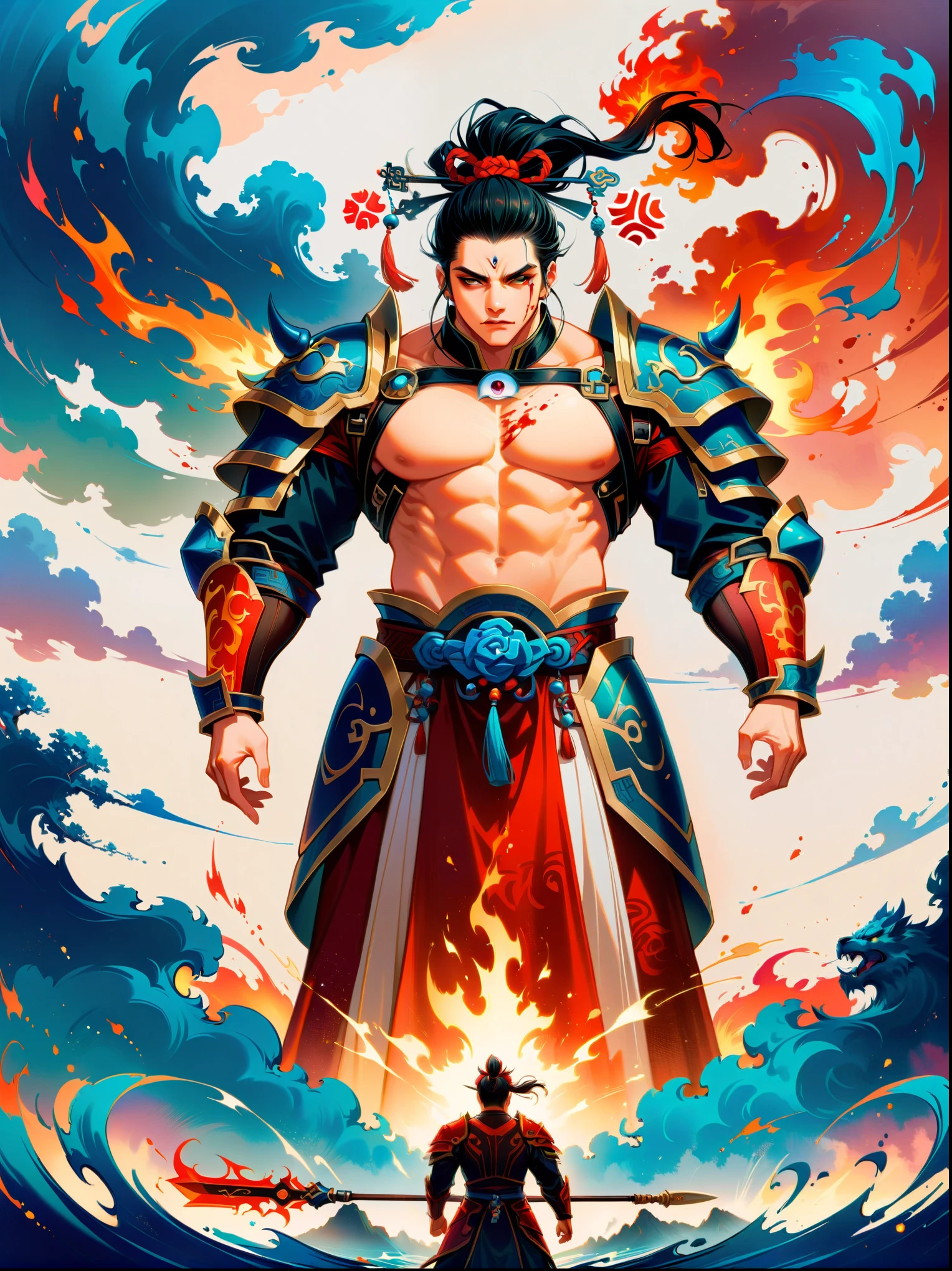 1 boy,Blood stained all over his face,anger,holding a spear,(fly),Chinese mythology,cloudy day,Meticulous skies,Abstract background,(Flame Surge Style:0.5),demonic third eye,hair scrunchie,with ponytail,wearing armor,Strong body,tall and big,Spear in hand,The body is suspended in the airst-person view, masterpiece, ccurate, anatomically correct, high details, best quality, 8k)