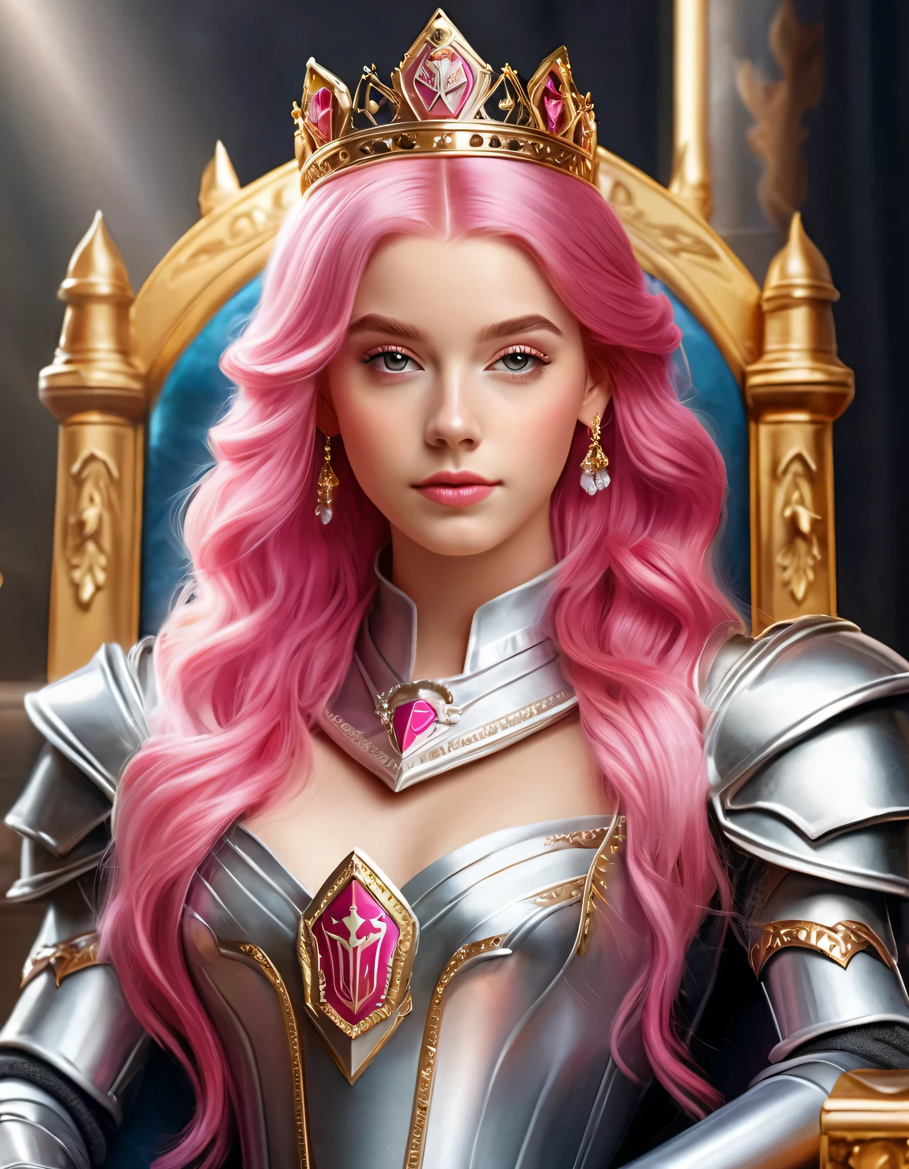 best quality,ultra-detailed,realistic:1.37,portrait, pink-haired girl,throne chair,metallic shine,Knight's symbol,tiara