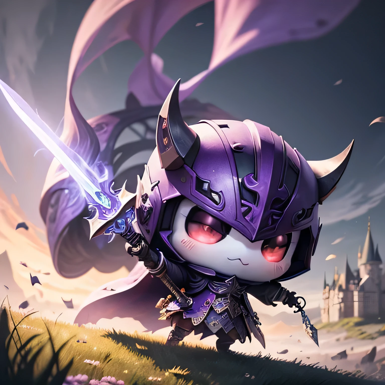 a sticker，Cloth ghost, (organism\), Cartoon Cute, like nendroid, Wearing purple warrior armor and holding a sword, A purple helmet on the head, Under the shining sun, The background is beautiful nature, with an air of mystery and enchantment,  color field printing, high detail, UHD, 8k, cinematic lighting 4d quality, Heavy-drawing, Magnificent castle background, Black eyes, Fighting