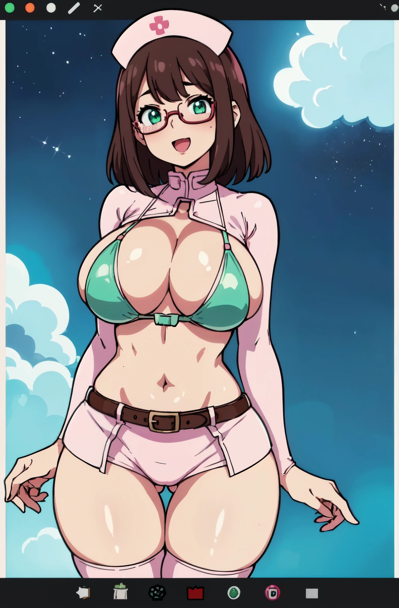 highest quality, High resolution,Anime Screen Capture, green eyes,((Light pink sci-fi suit、bikini、mini skirt、obesity))、(wide hips、wide ass)、nurse cap、belt、thigh boots ,(huge breasts:1.2), blush, (embarrassing), :d, dark brown hair、(((hand on chest)))、(Are standing)、((Red-rimmed glasses))、In town
