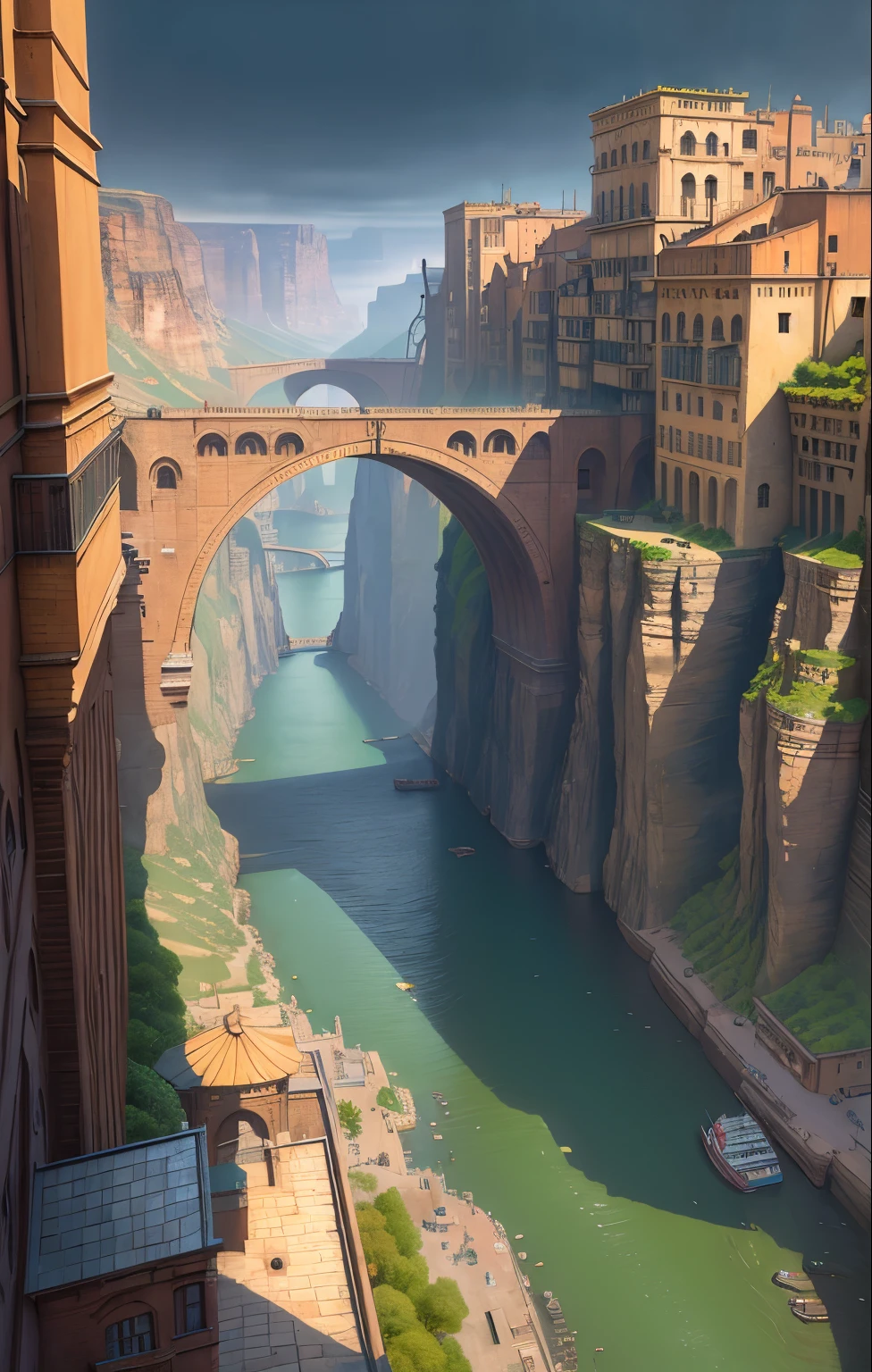 ((masterpiece)),((best quality)),((high detial)),((realistic,))
Industrial age city, deep canyons in the middle, architectural streets, bazaars, Bridges, rainy days, steampunk, European architecture