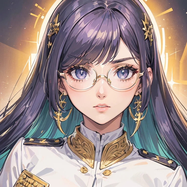 ( bonita 2d) (cabelo longo e branco) (she wears gold glasses) (ela usa um uniforme militar roxo) (foco no rosto) (corajosa) (tem olhos vermelhos e azuis) (heterocromia nos olhos)