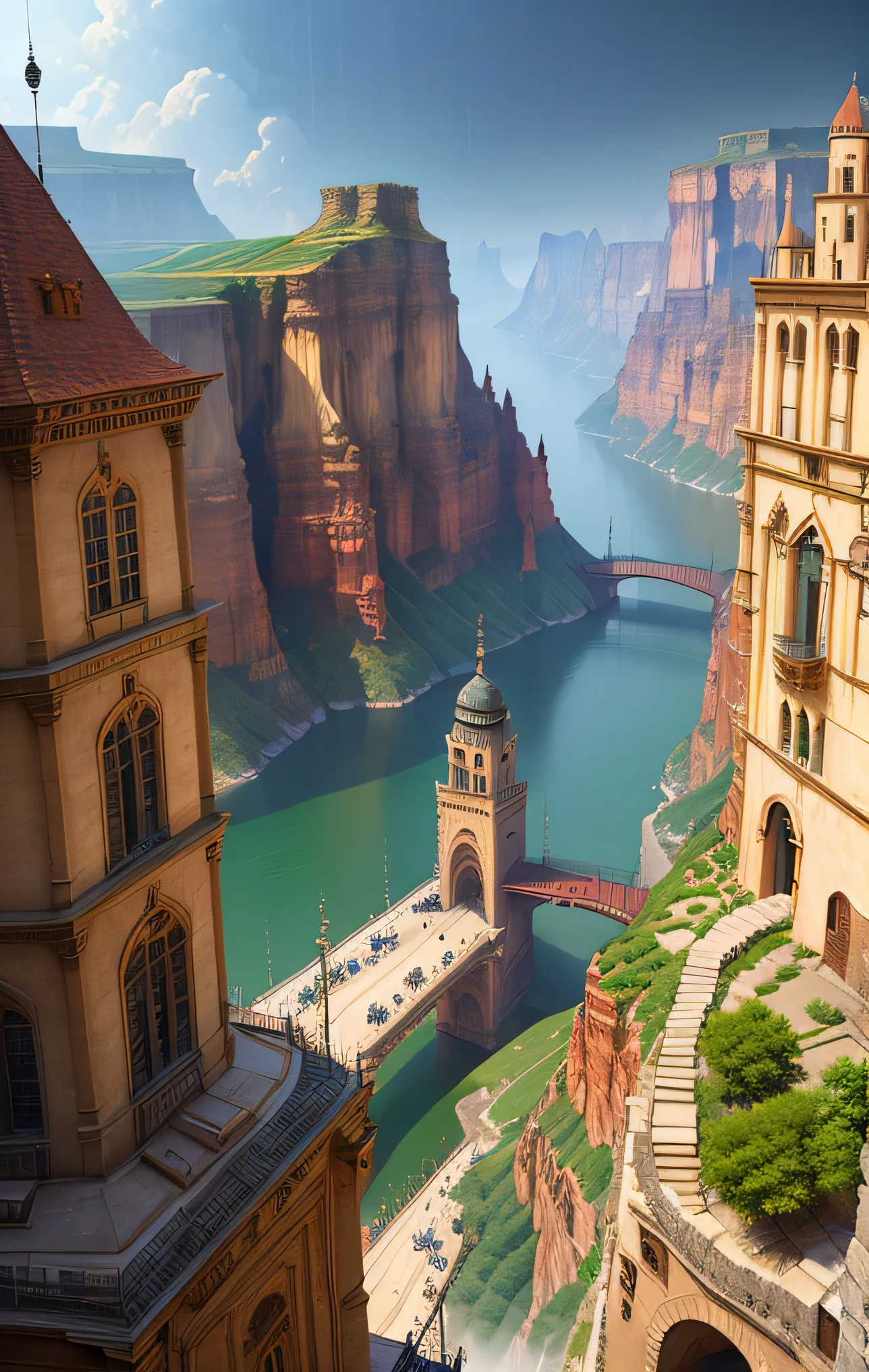 ((masterpiece)),((best quality)),((high detial)),((realistic,))
Industrial age city, deep canyons in the middle, architectural streets, bazaars, Bridges, rainy days, steampunk, European architecture