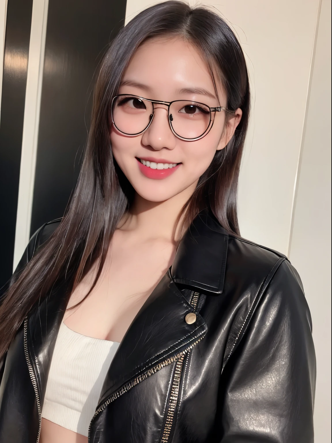 (​masterpiece:1.2), 8k,(ultra-realsitic:1.37),  Thai actress, (random sexy pose:1.3), (laughing slightly:1.2), black hair, face lights, Detailed face, (wear eyeglasses:1.4), (wearing a shining black faux leather jacket:1.5), sexy costume,