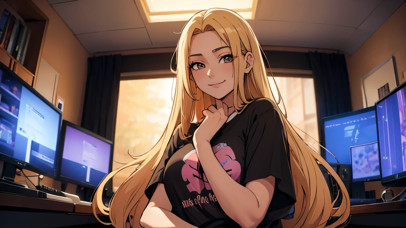 2d 90s anime, a woman with long straight blonde hair and dark brown eyes, she is smiling, wears casual clothes and is next to her gaming computer in a stream room with LED lighting
