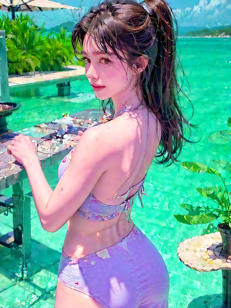 (best quality, masterpiece, ultra high res ,photorealistic:1.3), a supermodel woman , Japanese , sexy micro bikini, bracelet , standing, shiny skin ,detailed face, detailed eyes, lustrous lips ,muscular, skinny physique, full-length, beautiful figure, super detailed, beach, sky, subtle smile, (gorgeous, vivid colors, summer,:1.1),medium-short dark brown hair, tropical,(back view)