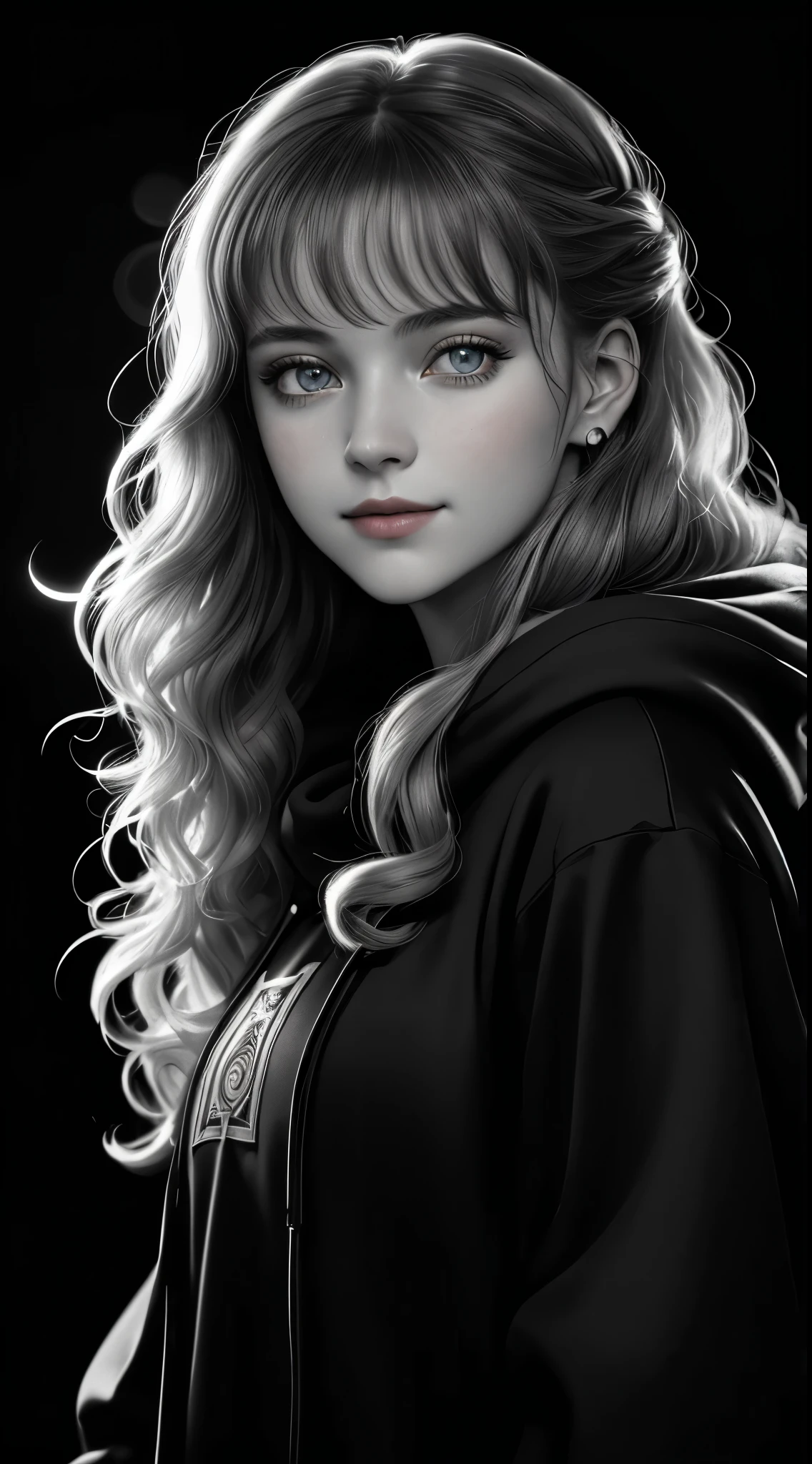 russian girl, art station trends, CGsociety trends, Complex, high detail, clear focus, dramatic, Realistic drawing art, By Midjourney and Greg Rutkowski, ((highest quality)), ((masterpiece)), High resolution, original, highly detailed wallpaper, very delicate and beautiful, figure, cinematic light, volume light, Halo effects, particles of light, ((1 girl)), beautiful detailed eyes, long sleeve, hoodie, frills, no shadow, simple background, (((black background))), european, bright, (((1980s(style)))), cinema, silhouette, grayscale, monochrome, ((big wavy curls)), slit pupil, (((think back))), cinematic angles, ((( (close))),(((portrait))), Lens flare, enchanting smile, tarot cards, medium hair