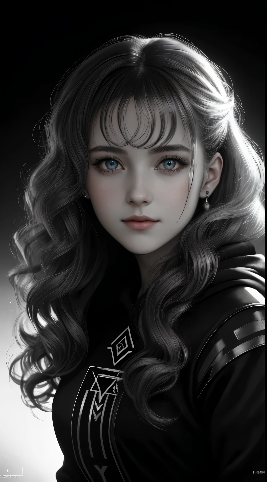 russian girl, art station trends, CGsociety trends, Complex, high detail, clear focus, dramatic, Realistic drawing art, By Midjourney and Greg Rutkowski, ((highest quality)), ((masterpiece)), High resolution, original, highly detailed wallpaper, very delicate and beautiful, figure, cinematic light, volume light, Halo effects, particles of light, ((1 girl)), beautiful detailed eyes, long sleeve, hoodie, frills, no shadow, simple background, (((black background))), european, bright, (((1980s(style)))), cinema, silhouette, grayscale, monochrome, ((big wavy curls)), slit pupil, (((think back))), cinematic angles, ((( (close))),(((portrait))), Lens flare, enchanting smile, tarot cards, medium hair