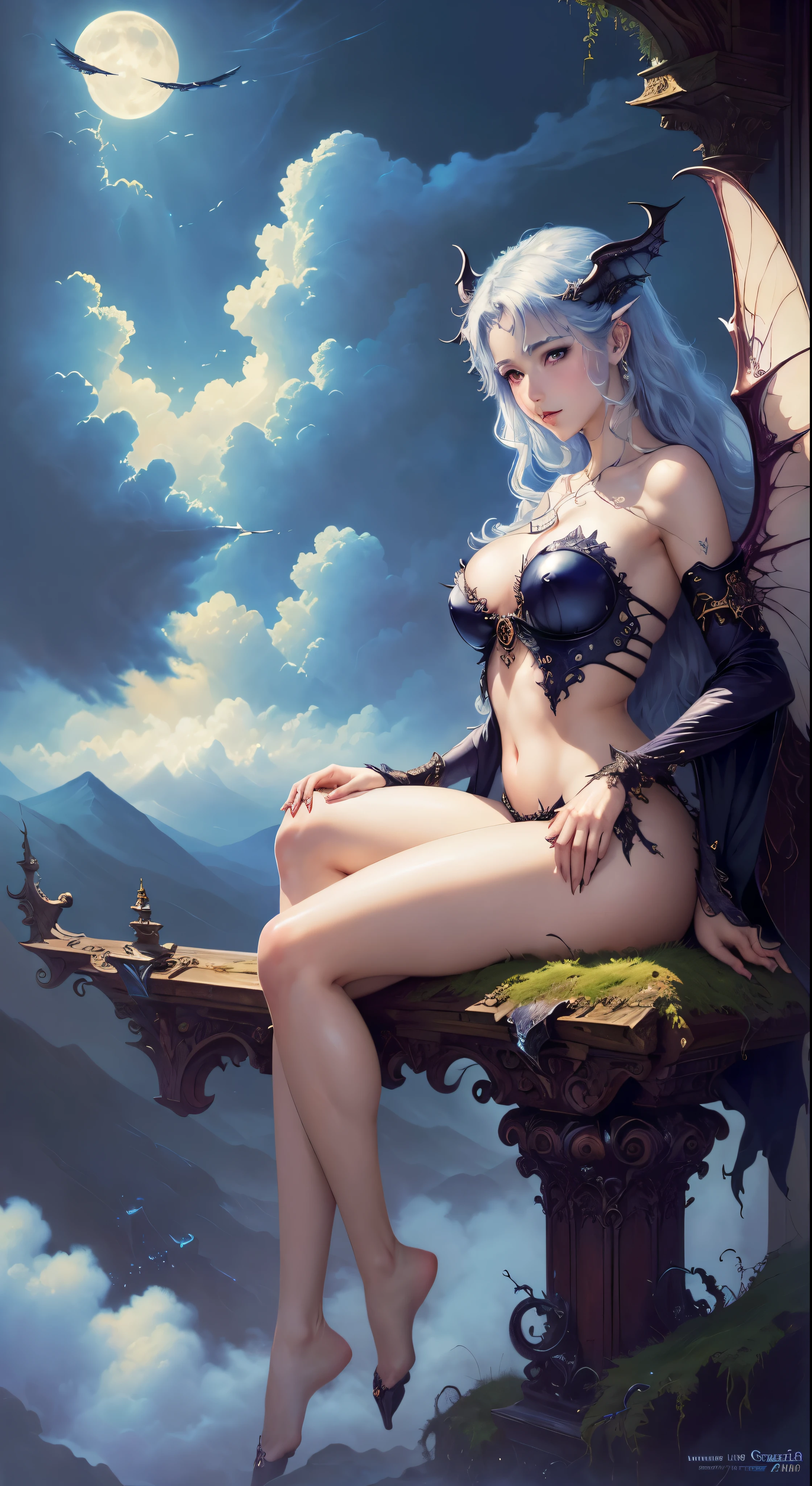 ((highest quality)), ((masterpiece)), (be familiar with), charming succubus, mysterious beauty, perched above the clouds, (fantasy illustration:1.3), captivating gaze, seductive pose, delicate wings, Otherworldly charm, mysterious sky, (Luis Royo:1.2), (Yoshitaka Amano:1.1), Moonlight night, soft colors, (be familiar with cloudscape:1.3), (High resolution:1.2)