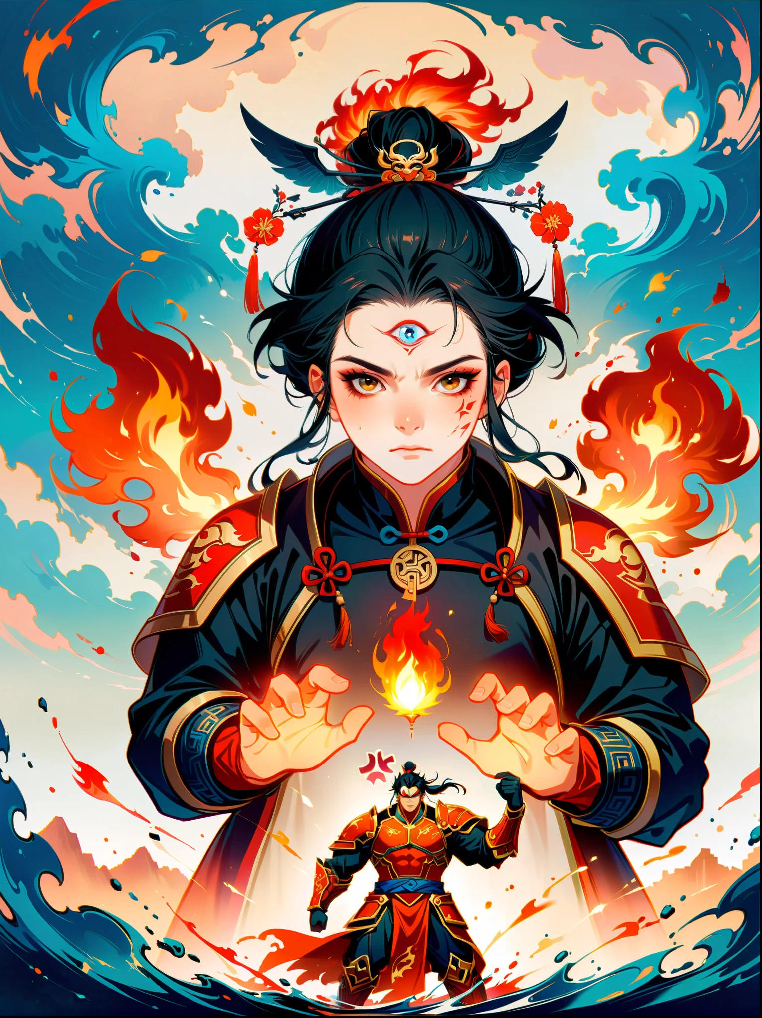 1 boy，Blood stained all over his face，anger，holding a spear，（fly），Chinese mythology，cloudy day，Meticulous skies，Abstract background，（Flame Surge Style：0.5），demonic third eye，hair scrunchie，with ponytail，wearing armor，Strong body，tall and big，Spear in hand，The body is suspended in the airst-person view, masterpiece, ccurate, anatomically correct, high details, best quality, 8k)