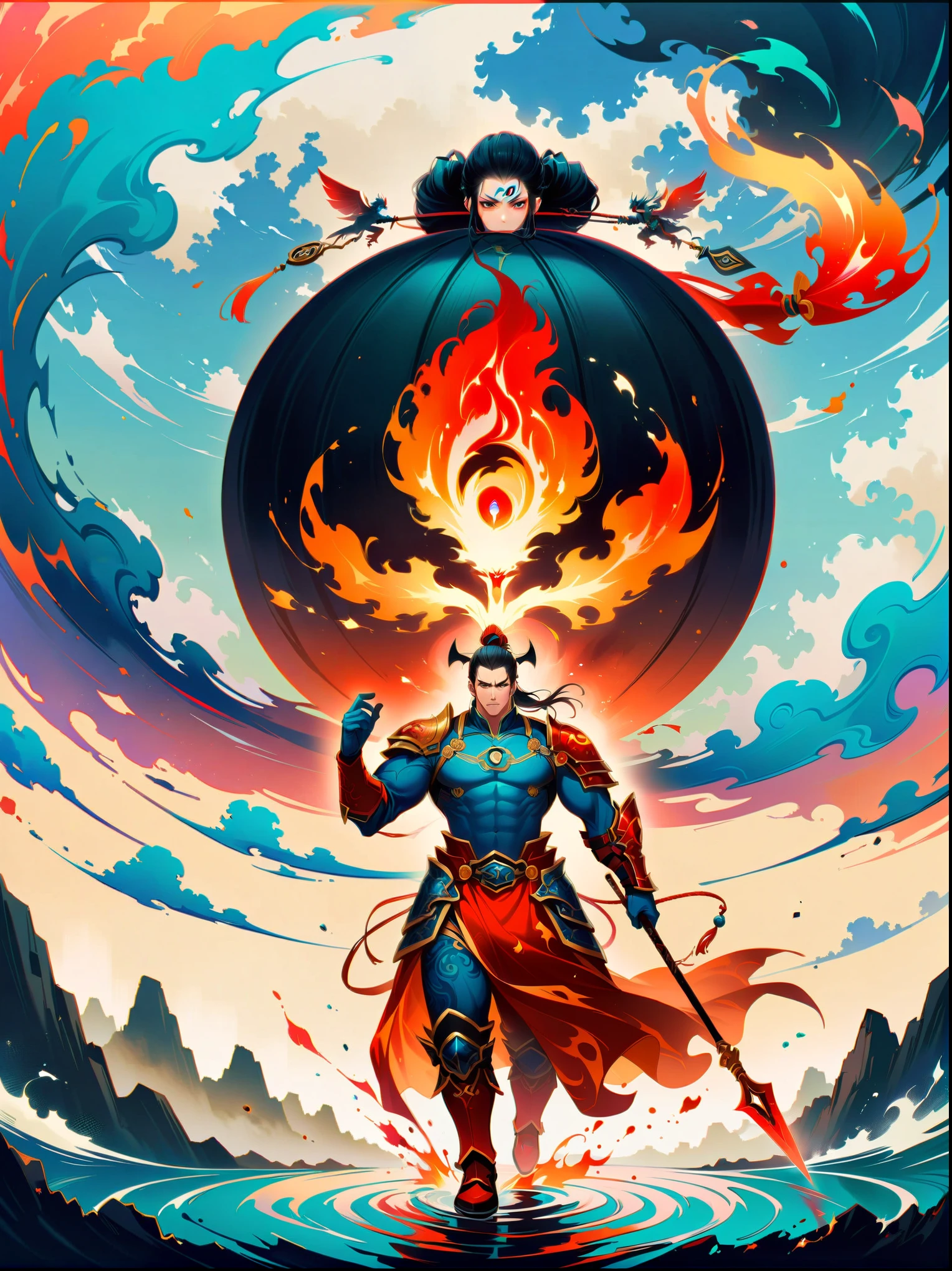 1 boy,Blood stained all over his face,anger,holding a spear,(fly),Chinese mythology,cloudy day,Meticulous skies,Abstract background,(Flame Surge Style:0.5),demonic third eye,hair scrunchie,with ponytail,wearing armor,Strong body,tall and big,Spear in hand,The body is suspended in the airst-person view, masterpiece, ccurate, anatomically correct, high details, best quality, 8k)