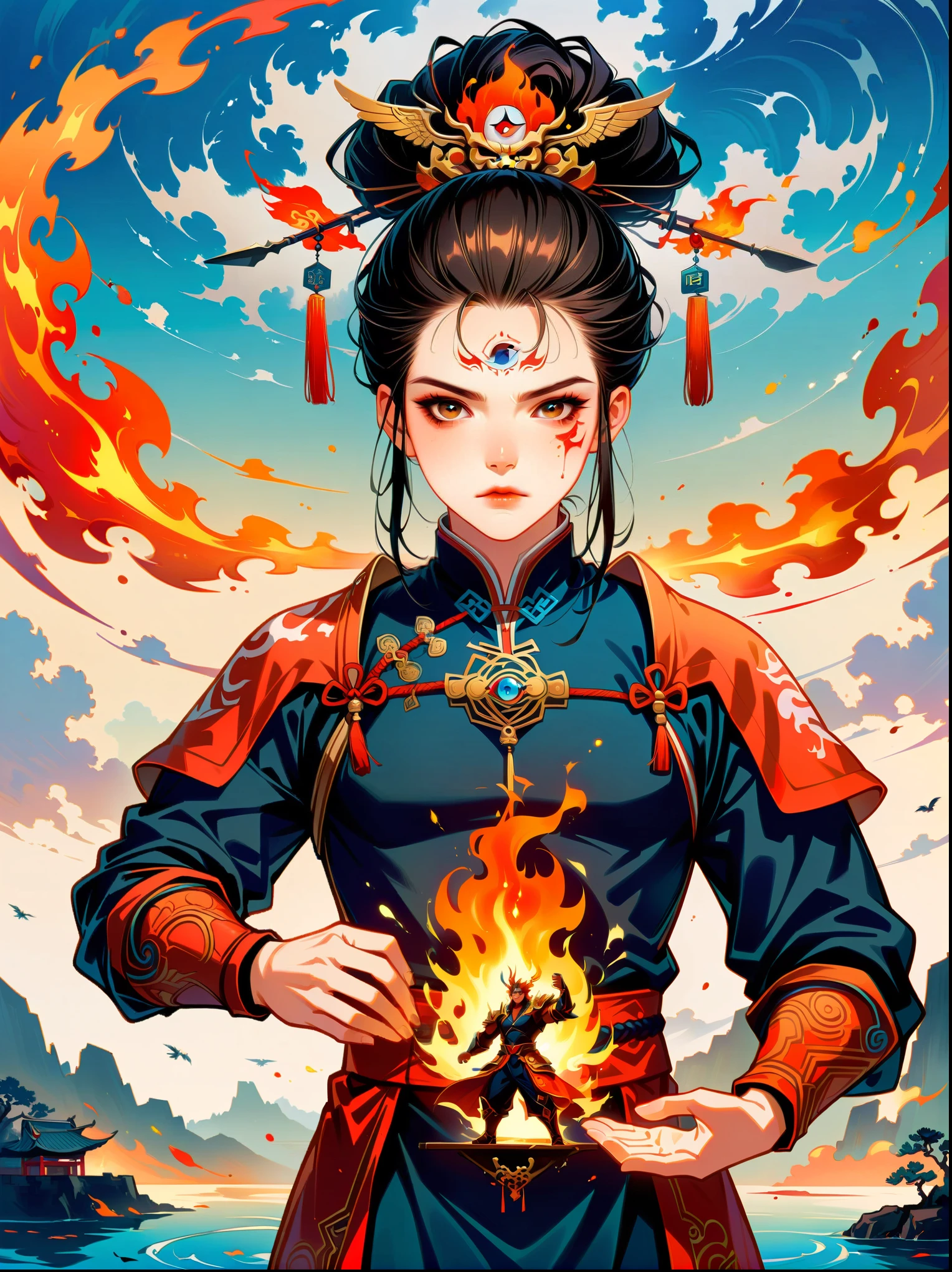 1 boy，Blood stained all over his face，anger，holding a spear，（fly），Chinese mythology，cloudy day，Meticulous skies，Abstract background，（Flame Surge Style：0.5），demonic third eye，hair scrunchie，with ponytail，wearing armor，Strong body，tall and big，Spear in hand，The body is suspended in the airst-person view, masterpiece, ccurate, anatomically correct, high details, best quality, 8k)