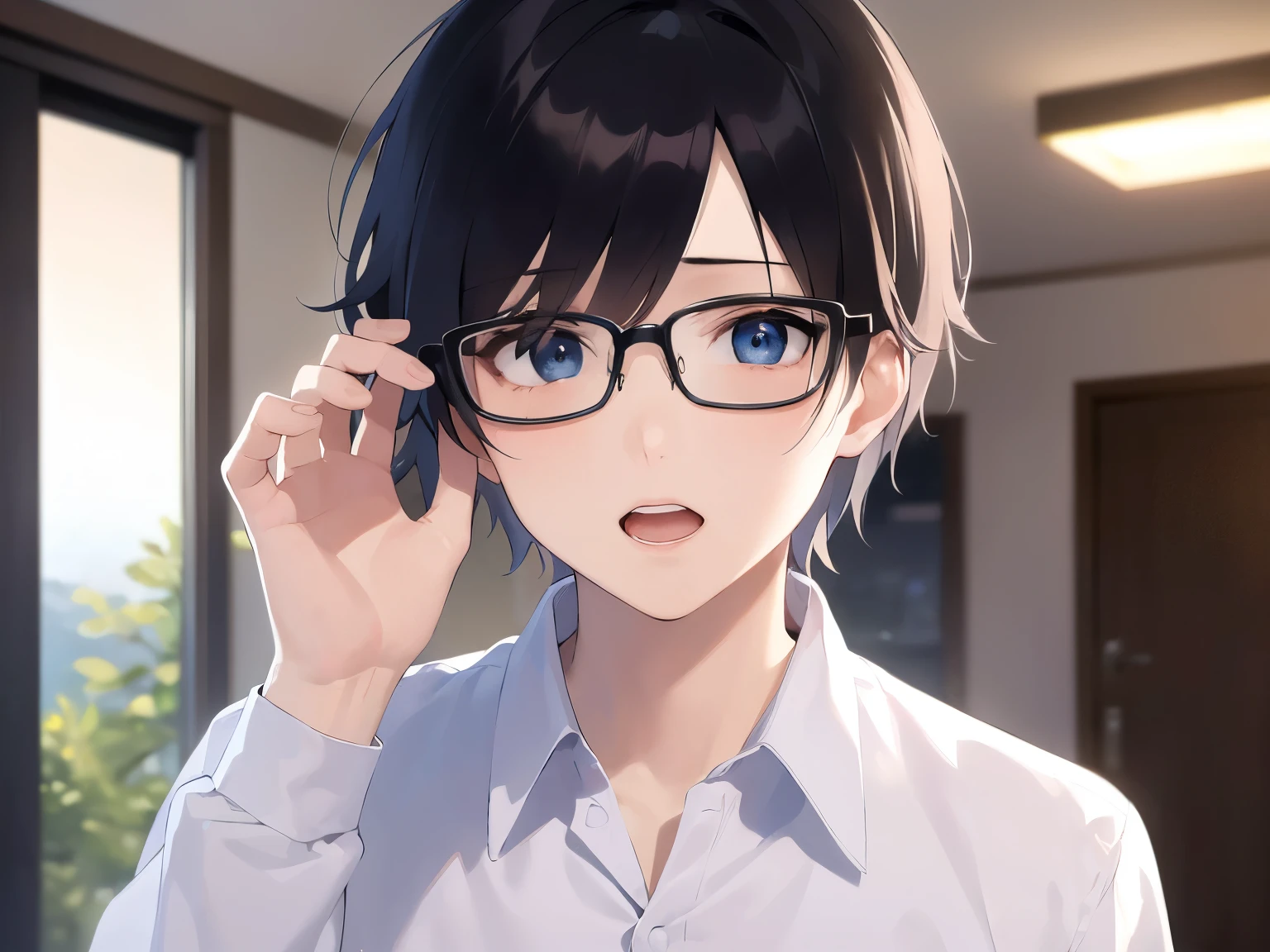 waving hand, Biologically correct five fingers、Upper body is shown、 plastic frame eyewear、masterpiece、highest quality、(25 year old male:1.5) and (black short hair) and (hair over eyes:1.5) and (blue eyes), wearing a white shirt、Are standing、(confused look:1.3)、open mouth, The background is the living room at night、(Alone:1.5)