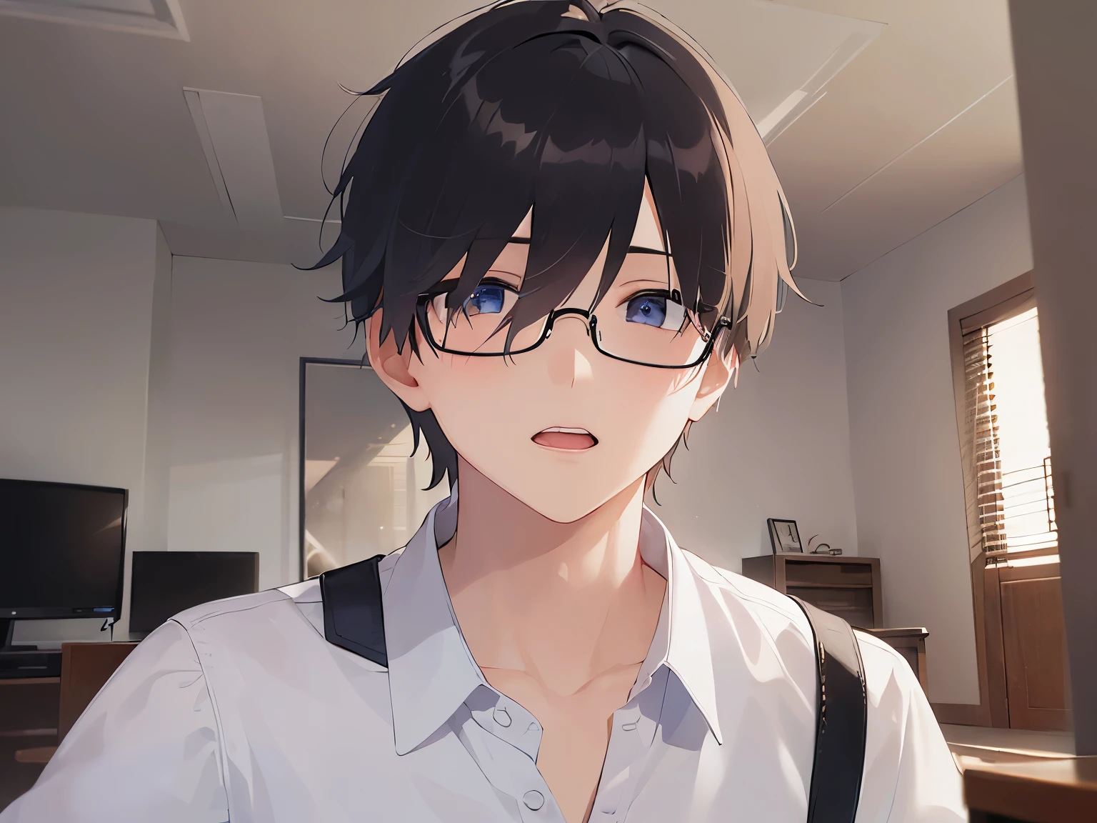 waving hand, Biologically correct five fingers、Upper body is shown、 plastic frame eyewear、masterpiece、highest quality、(25 year old male:1.5) and (black short hair) and (hair over eyes:1.5) and (blue eyes), wearing a white shirt、Are standing、(confused look:1.3)、open mouth, The background is the living room at night、(Alone:1.5)