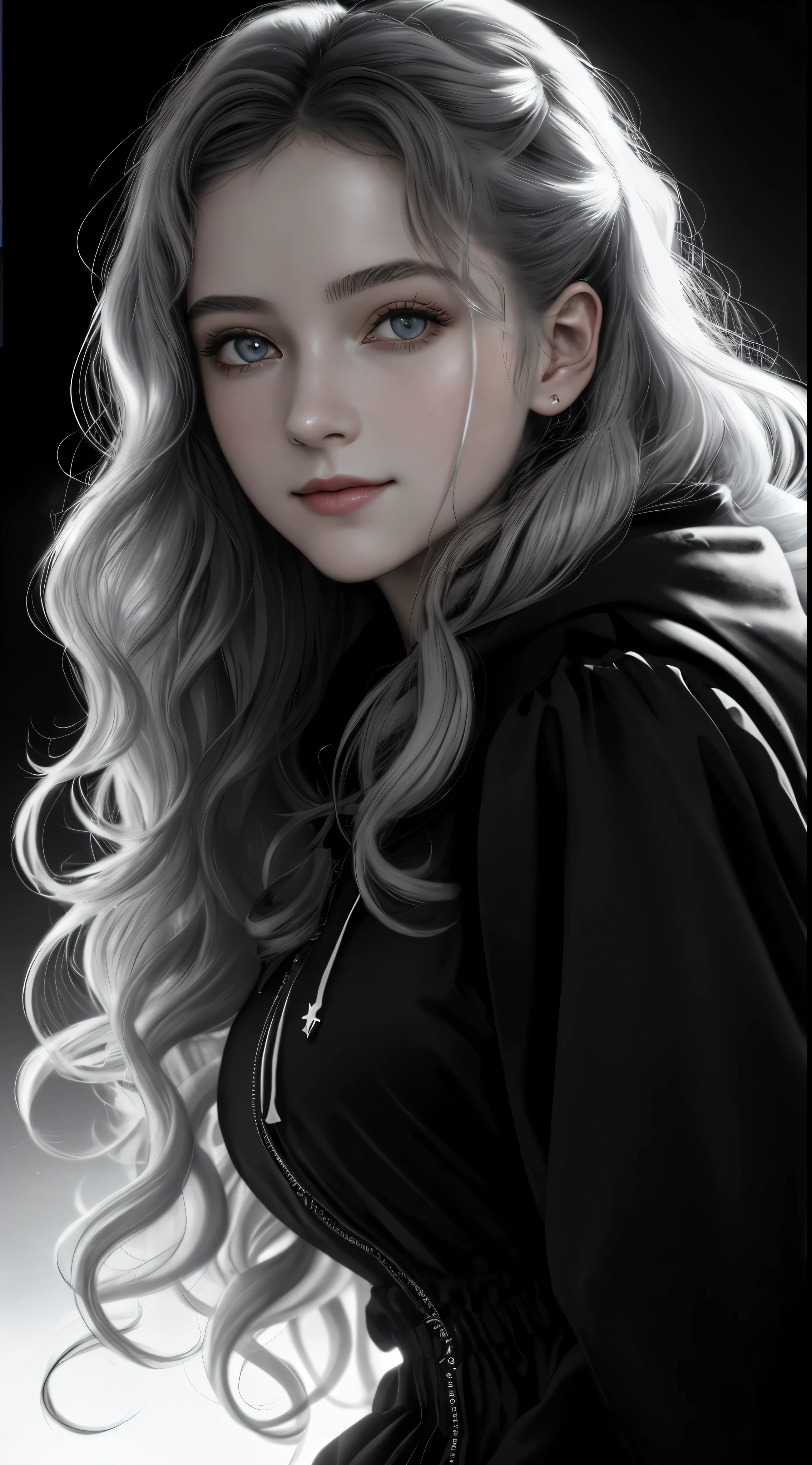 russian girl, art station trends, CGsociety trends, Complex, high detail, clear focus, dramatic, Realistic drawing art, By Midjourney and Greg Rutkowski, ((highest quality)), ((masterpiece)), High resolution, original, highly detailed wallpaper, very delicate and beautiful, figure, cinematic light, volume light, Halo effects, particles of light, ((1 girl)), beautiful detailed eyes, long sleeve, hoodie, frills, no shadow, simple background, (((black background))), european, bright, (((1980s(style)))), cinema, silhouette, grayscale, monochrome, ((big wavy curls)), slit pupil, (((think back))), cinematic angles, ((( (close))),(((portrait))), Lens flare, enchanting smile, tarot cards, medium hair