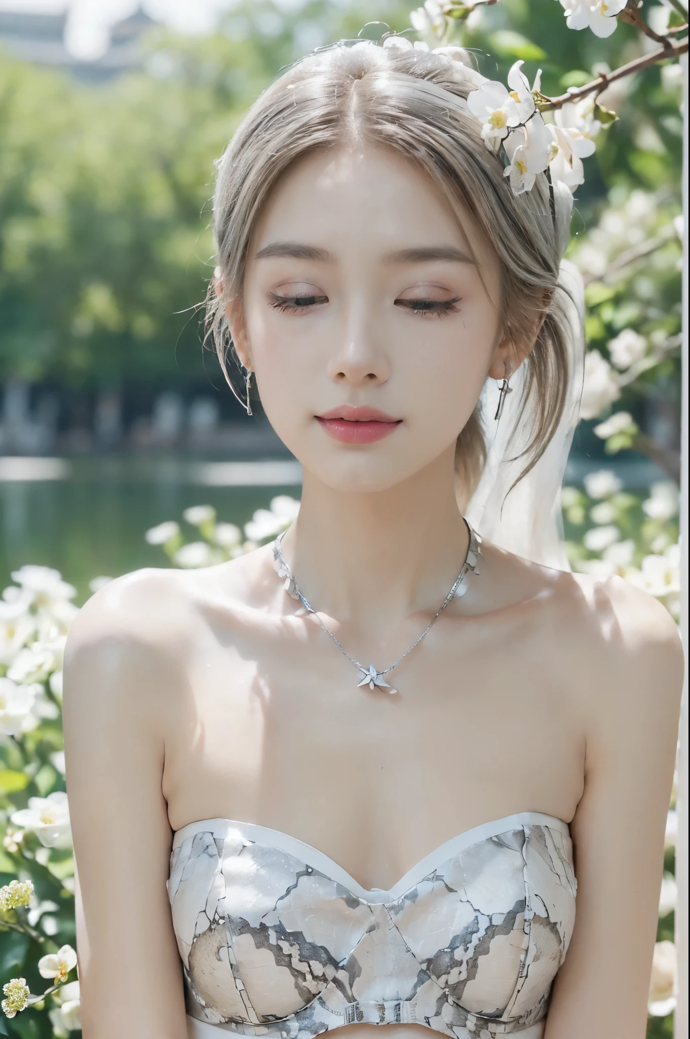  ((((8k))),((Extremely meticulous CG)) ,(wallpaper),16k,((Extremely refined and beautiful)),(((Masterpiece))),(((best qualtiy))),(((Ultra High Resolution))),beautiful light up,Perfect lightning,realistic shaded,((high resolution)),(Smooth and flawless skin:1.5),(Extremely exquisite facial details:1.2),(perfect body:1.2),(ultra-detailed),((A beautiful girl,solo)),(small head:1.2),(pale skin:1.3),(short ponytail:1.2),(earrings:1.2),(small face:1.2),(baby face:1.5),(Exquisite makeup:1.2),(close eyes:1.5),(open mouth:1.5),(blush:1.3),((slim,thin)),(laughing:1.2),(happy:1.2),(necklace:1.2),(bare shoulders:1.3),(shoulder off:1.3),(strapless silver-white intensive-snake-print bra:1.5),(small breasts:1.2),(day scene:1.5),(beside the lake:1.3),(outdoor:1.3),(Chinese architecture:1.2),((Stone arch bridge,pavilion,boats,distant tower)),(white flowers are in full bloom:1.2),(detailed background:1.4),(early spring:1.3),(standing:1.3),(close-up of face:1.3),(from front:1.2),