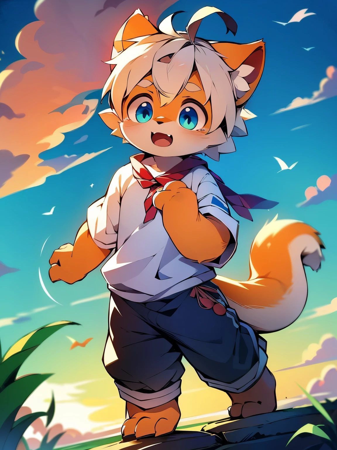 Light orange fur，white hair，orange dragon tail，There is white fluff at the end of the tail，white sweatshirt，hairy，God of Art Super Top Quality, super detailed, High resolution, Anime cute art style, The best anime, 8K, Kona sauce wallpaper, Pixiv Contest Winners, perfect anatomy,Blushing face , (Energetic teenager, :1.3), High resolution详细的头发，white wide-leg pants，on the street，blue sky，Sunset，The iris and pupil are well proportioned，blue pupils，Red ears，single,Alone