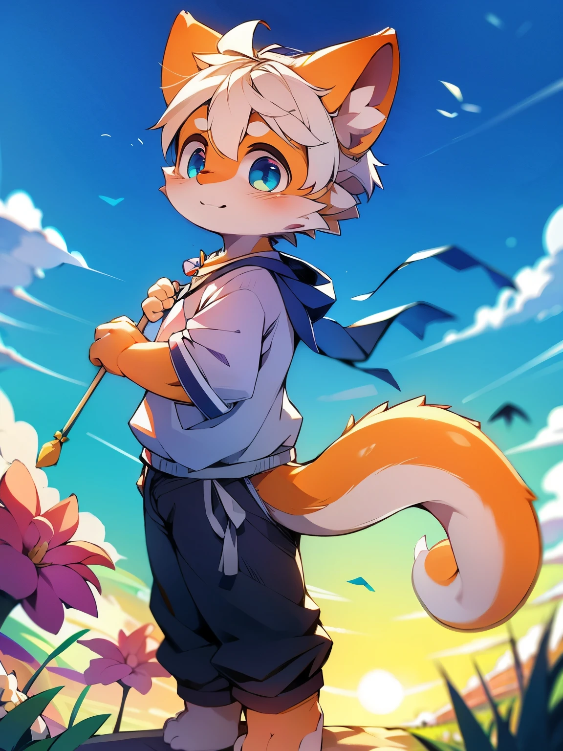 Light orange fur，white hair，orange dragon tail，There is white fluff at the end of the tail，white sweatshirt，hairy，God of Art Super Top Quality, super detailed, High resolution, Anime cute art style, The best anime, 8K, Kona sauce wallpaper, Pixiv Contest Winners, perfect anatomy,Blushing face , (Energetic teenager, 13 years old:1.3), High resolution详细的头发，white wide-leg pants，on the street，blue sky，Sunset，The iris and pupil are well proportioned，blue pupils，Red ears，single,Alone